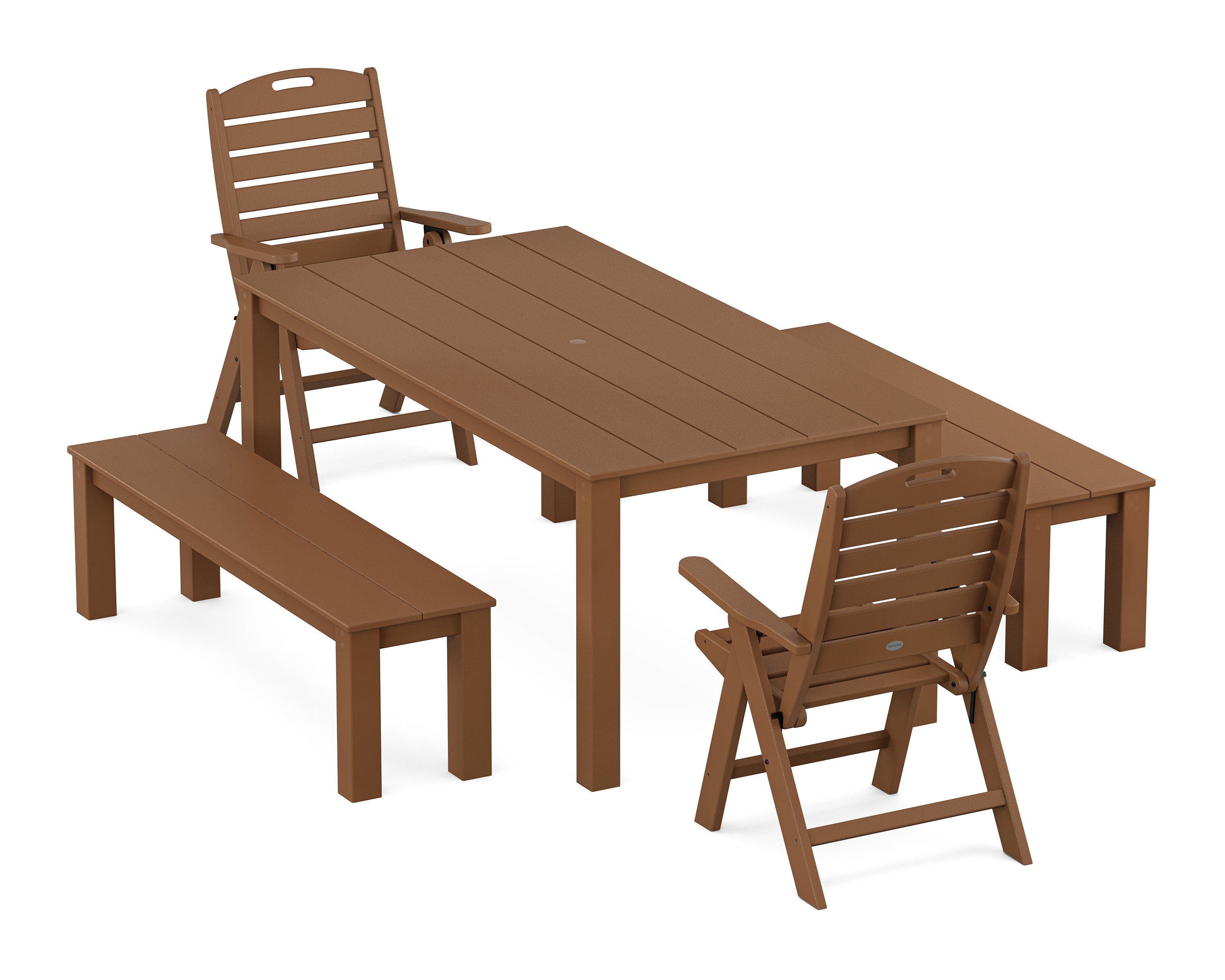 Nautical Folding Highback Chair 5-Piece Parsons Dining Set with Benches in Teak