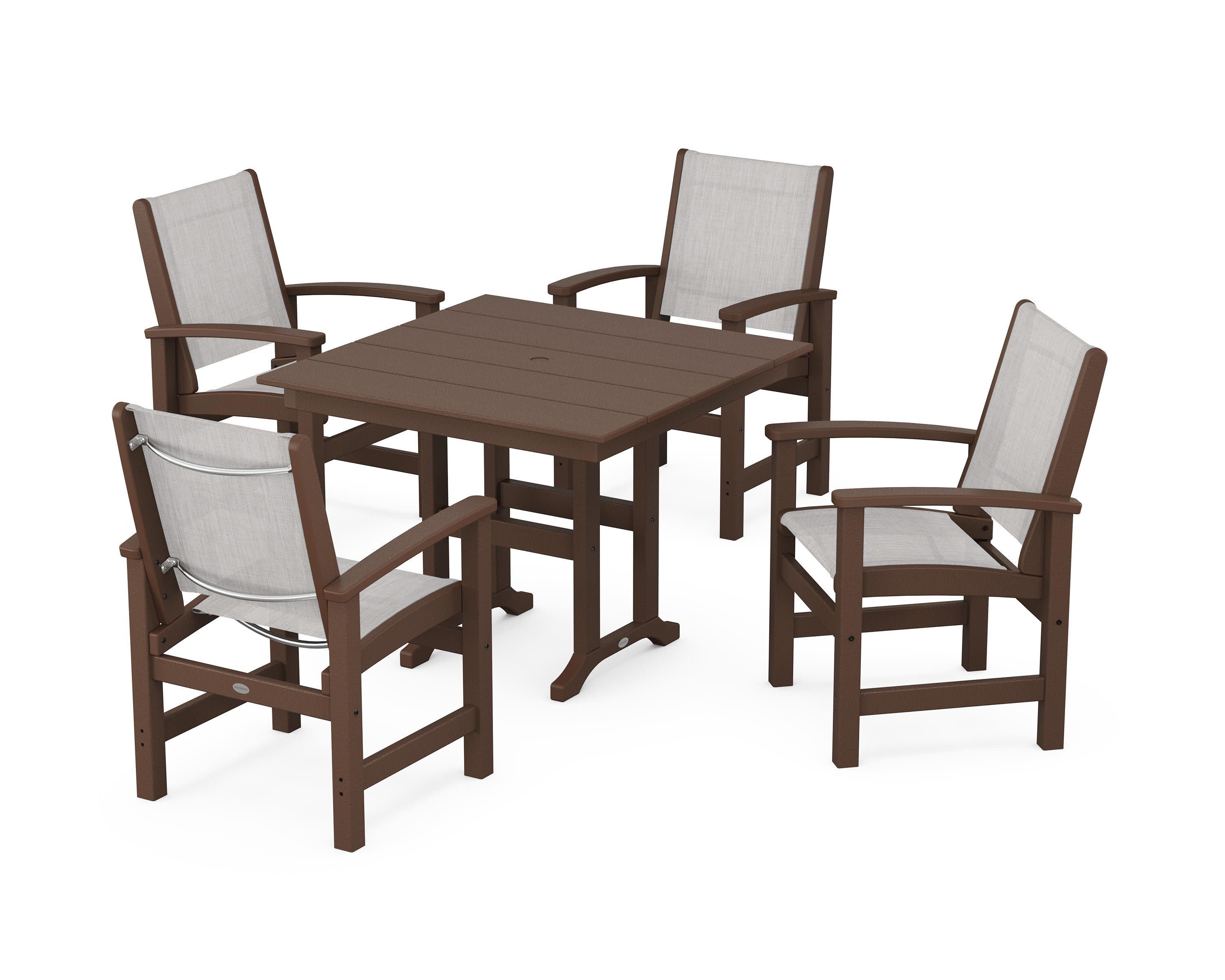 Coastal 5-Piece Farmhouse Dining Set in Mahogany / Parchment Sling