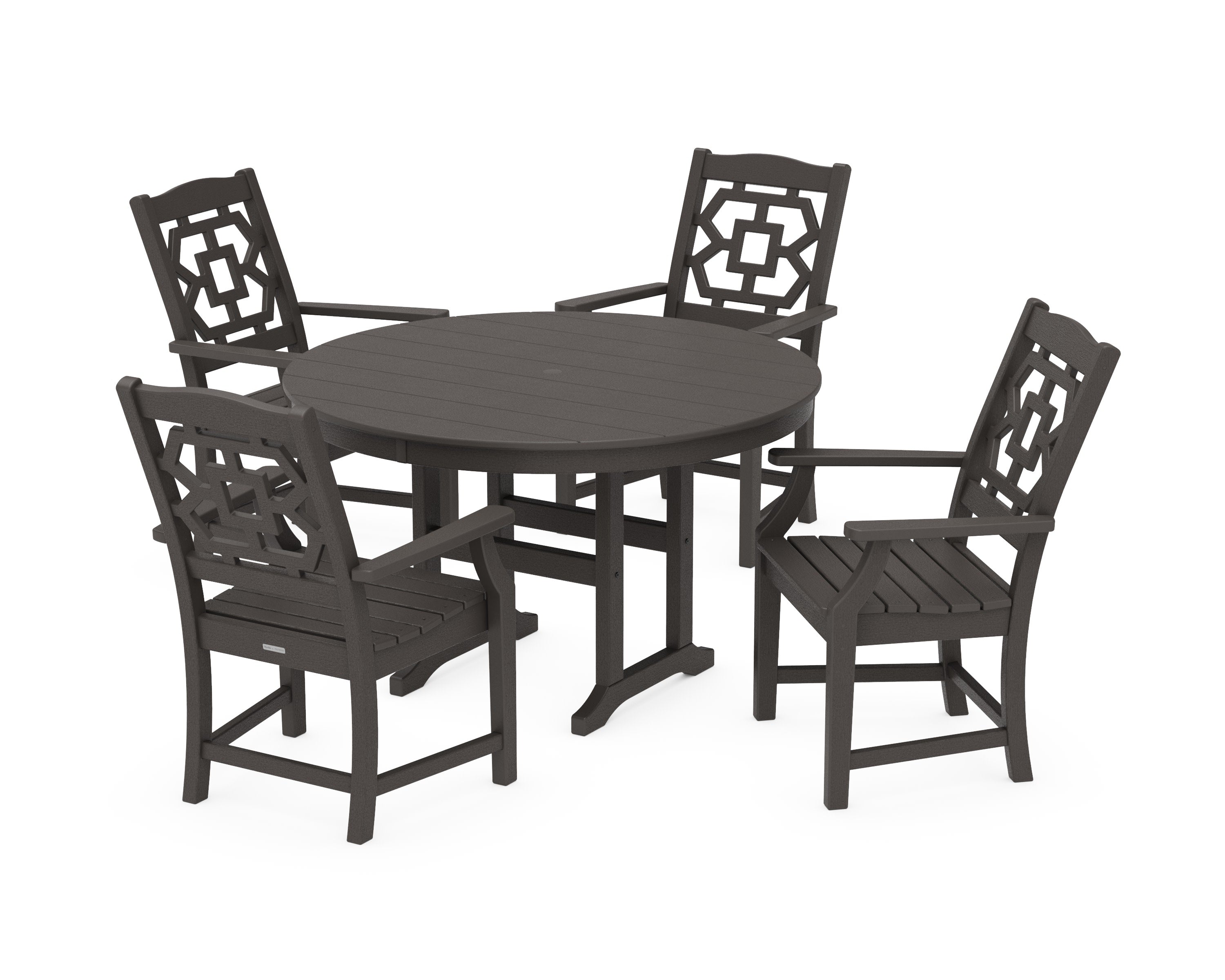 Chinoiserie 5-Piece Round Farmhouse Dining Set in Vintage Coffee