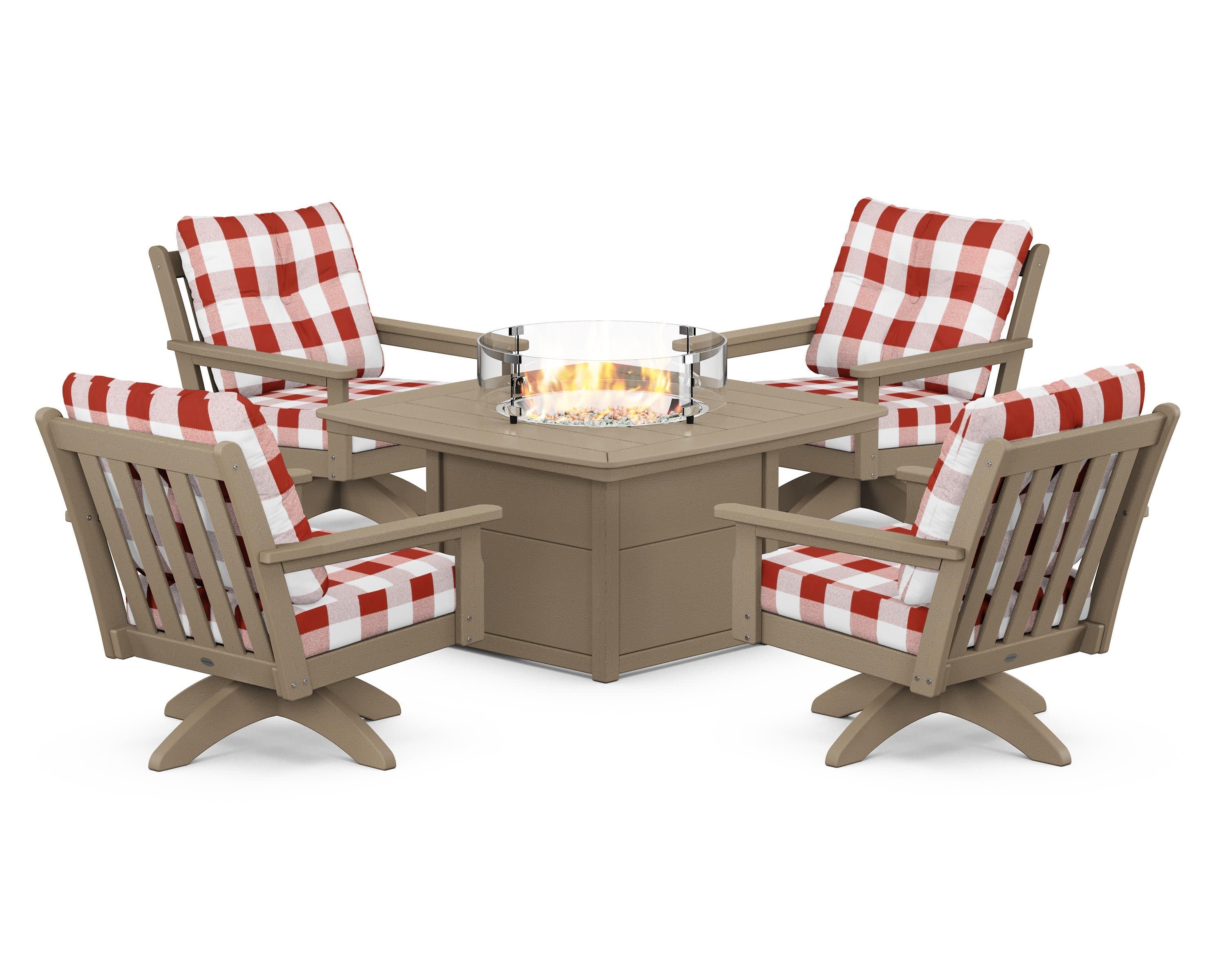 Vineyard 5-Piece Deep Seating Swivel Conversation Set with Fire Pit Table in Vintage Sahara / Buffalo Plaid Crimson