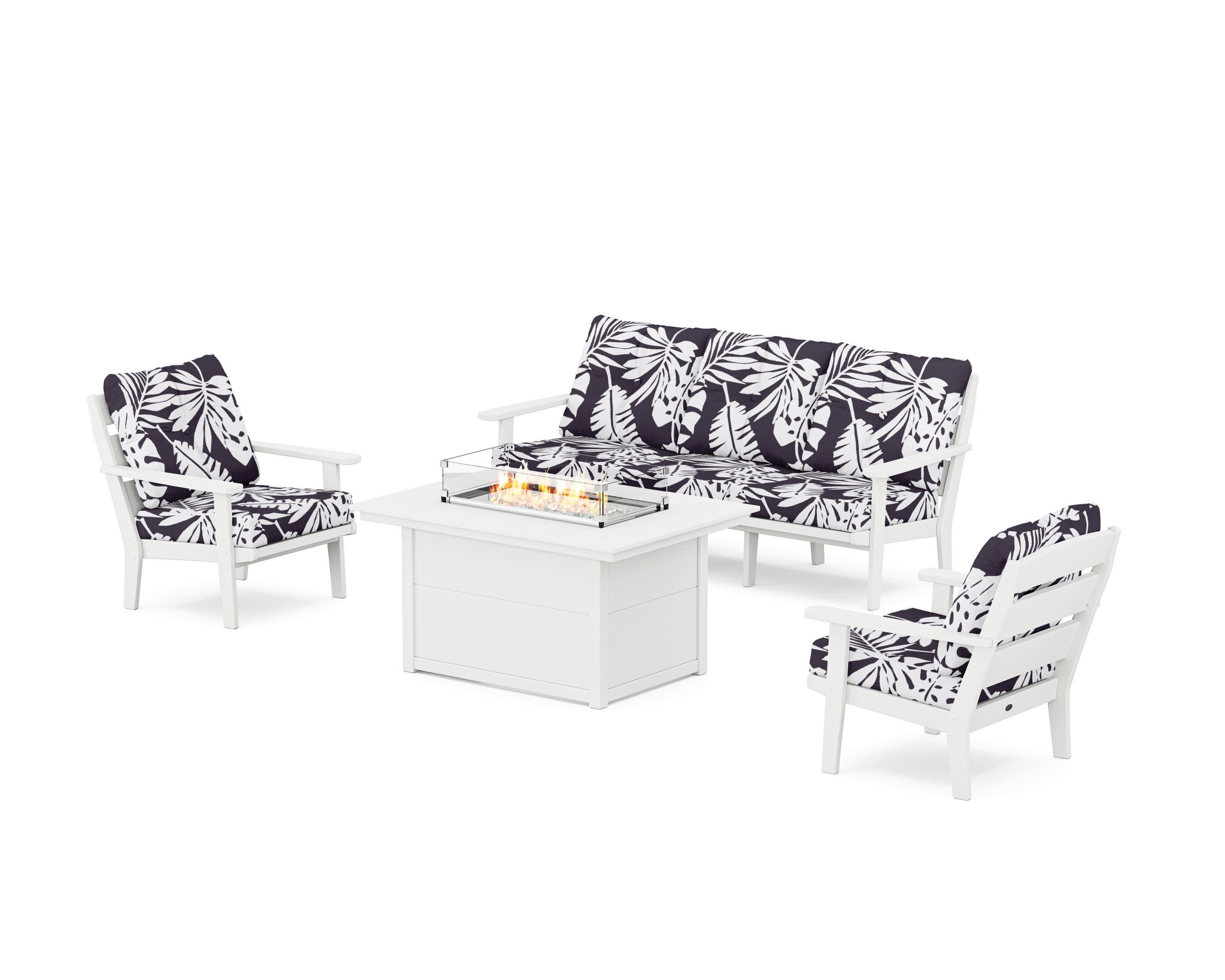 Lakeside Deep Seating Fire Pit Table Set in White / Leaf Navy
