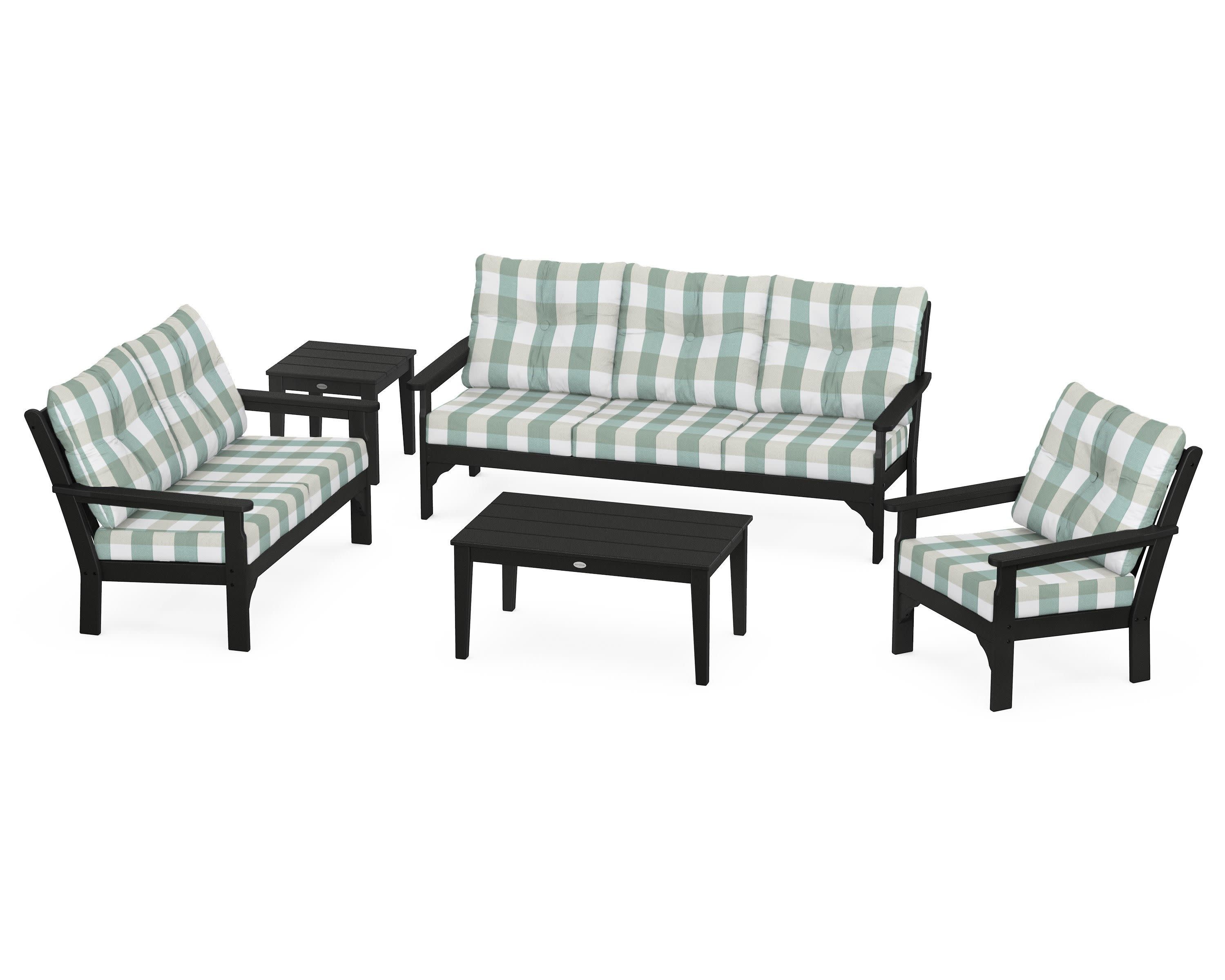 Vineyard 5 Piece Deep Seating Set in Black / Buffalo Plaid Glacier Spa