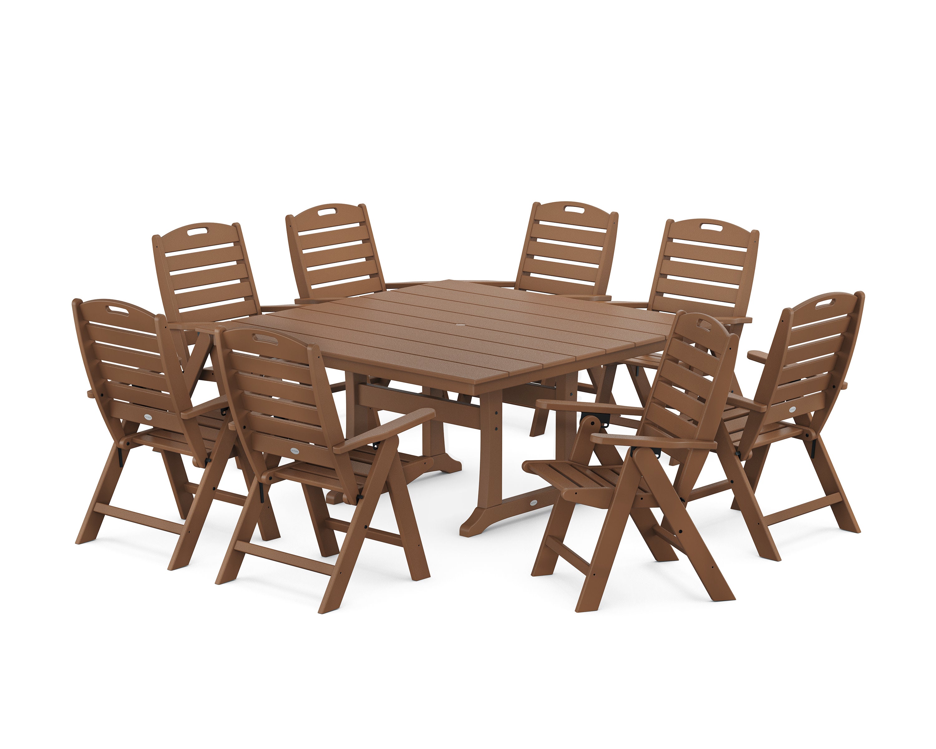 Nautical Highback 9-Piece Square Farmhouse Dining Set with Trestle Legs in Teak