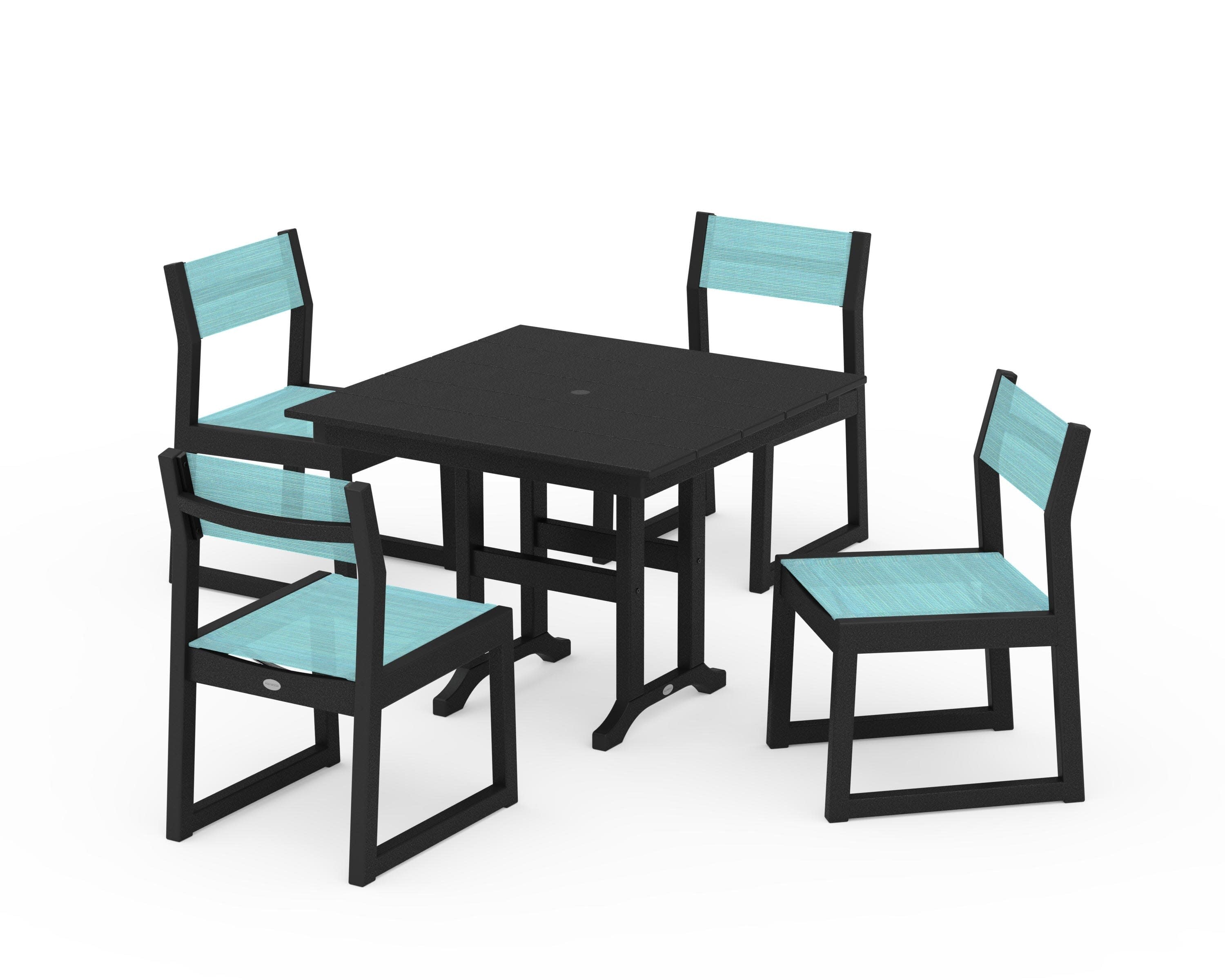EDGE Sling Side Chair 5-Piece Farmhouse Dining Set in Black / Dupioni Aquamarine Sling
