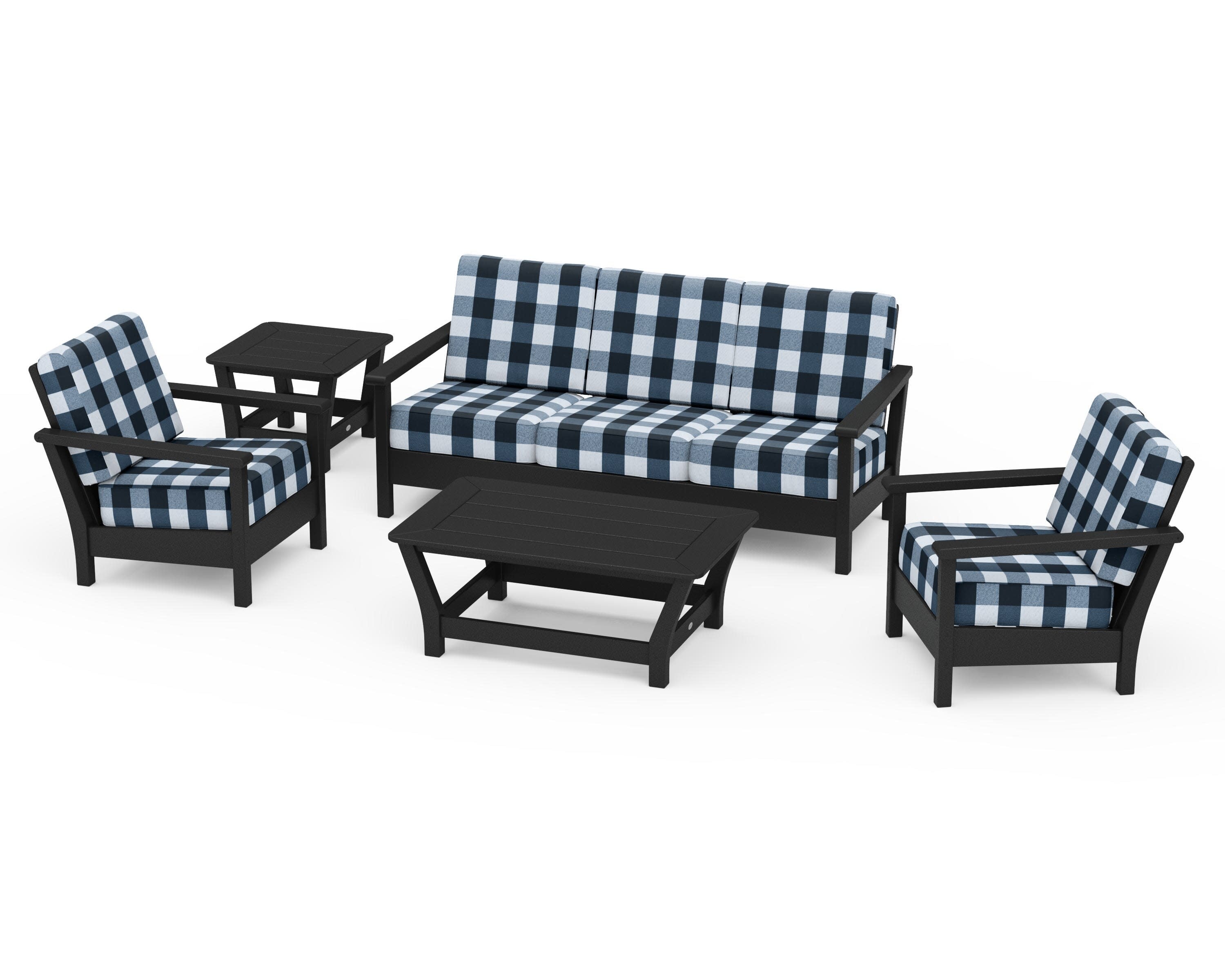 Harbour 5-Piece Deep Seating Set in Black / Buffalo Plaid Marine Indigo