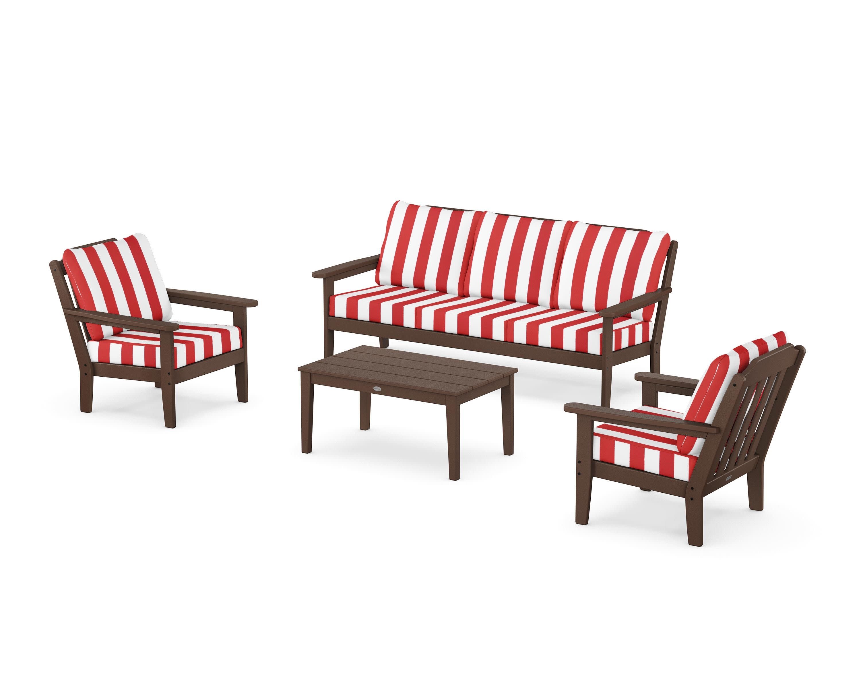 Cottage 4-Piece Deep Seating Set with Sofa in Mahogany / Cabana Stripe Crimson