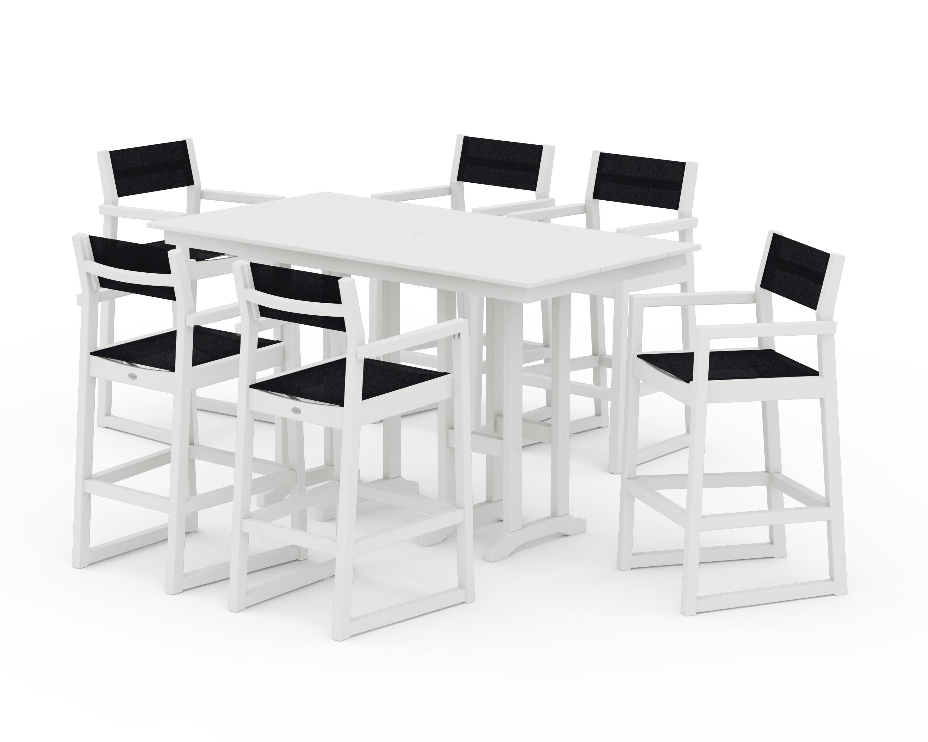 EDGE Sling Arm Chair 7-Piece Farmhouse Bar Set in Vintage White / Black Sling