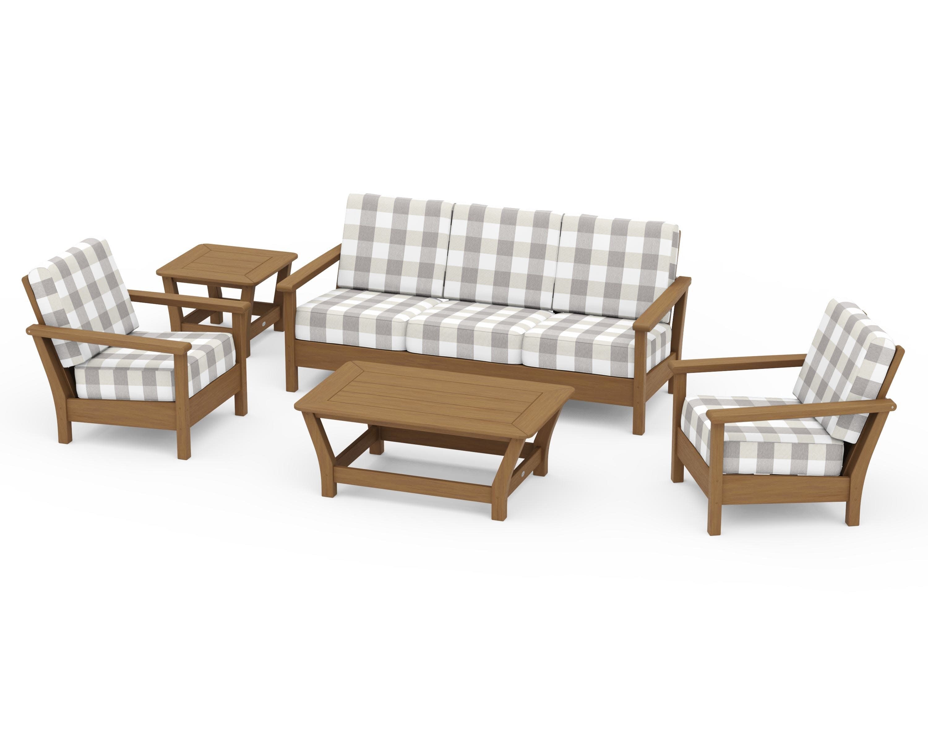 Harbour 5-Piece Deep Seating Set in Natural / Buffalo Plaid Grey Mist