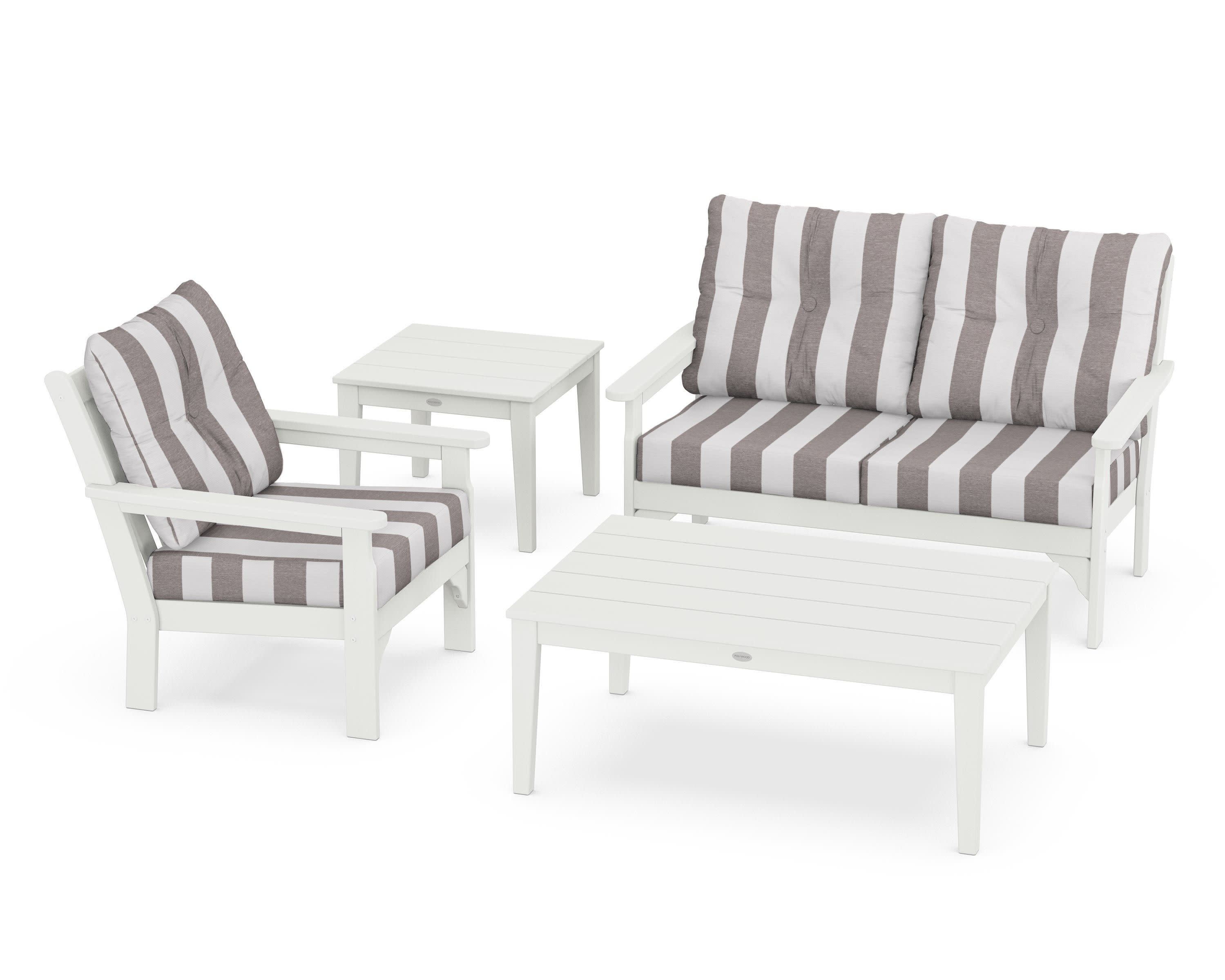 Vineyard 4-Piece Deep Seating Set in Vintage White / Cabana Stripe Grey Mist