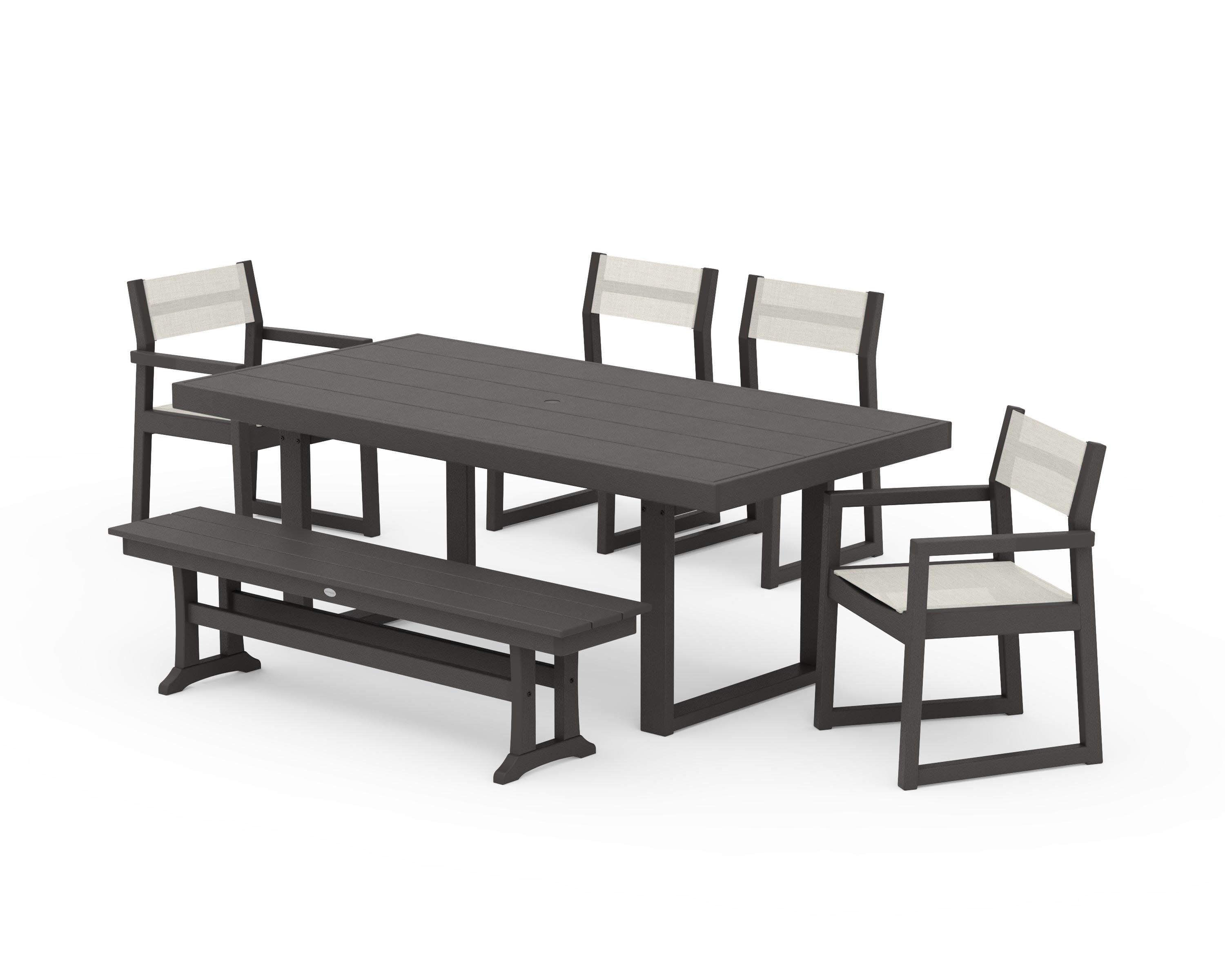 EDGE Sling 6-Piece Dining Set with Bench in Vintage Coffee / Parchment Sling