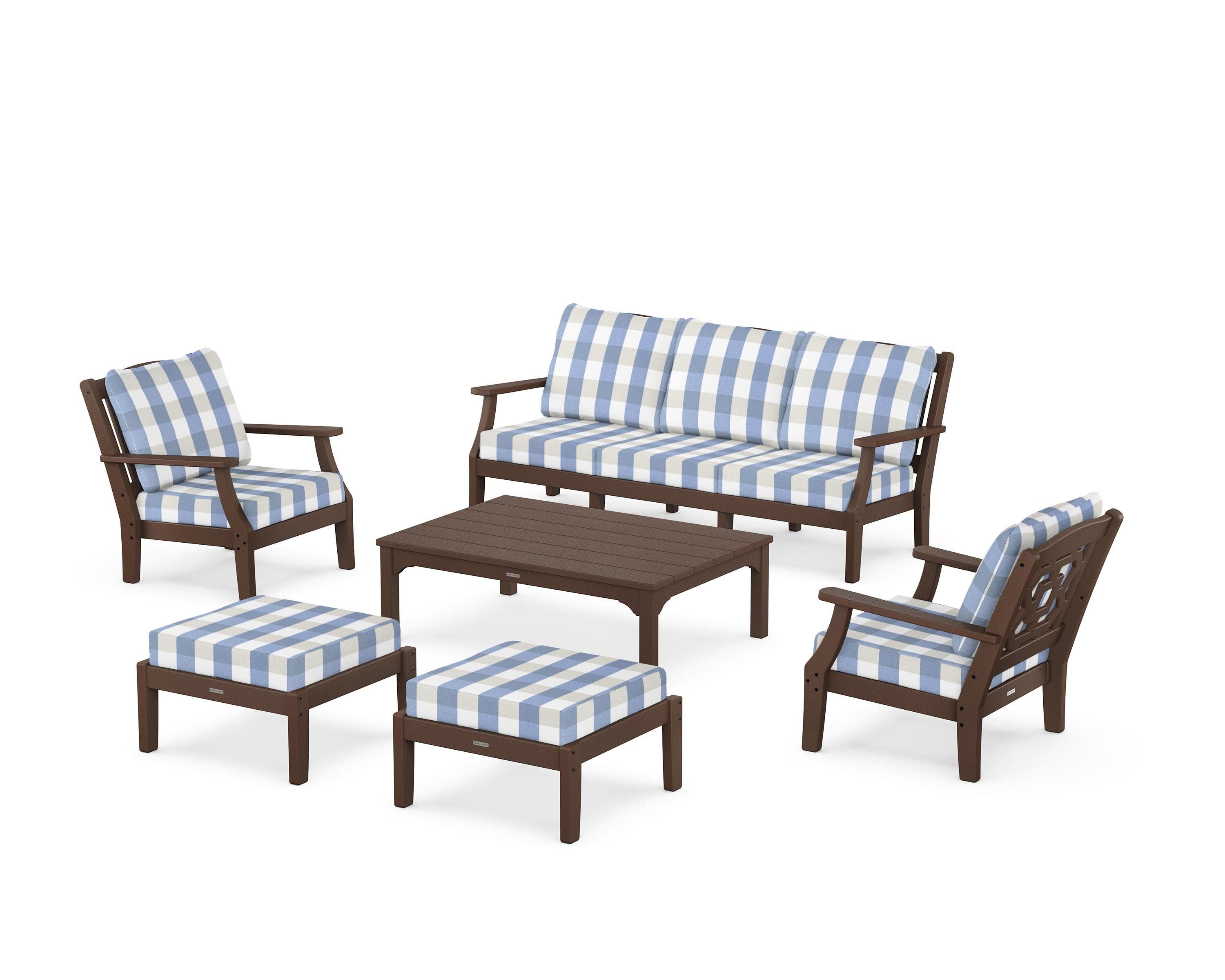 Chinoiserie 6-Piece Lounge Sofa Set in Mahogany / Buffalo Plaid Sky Blue