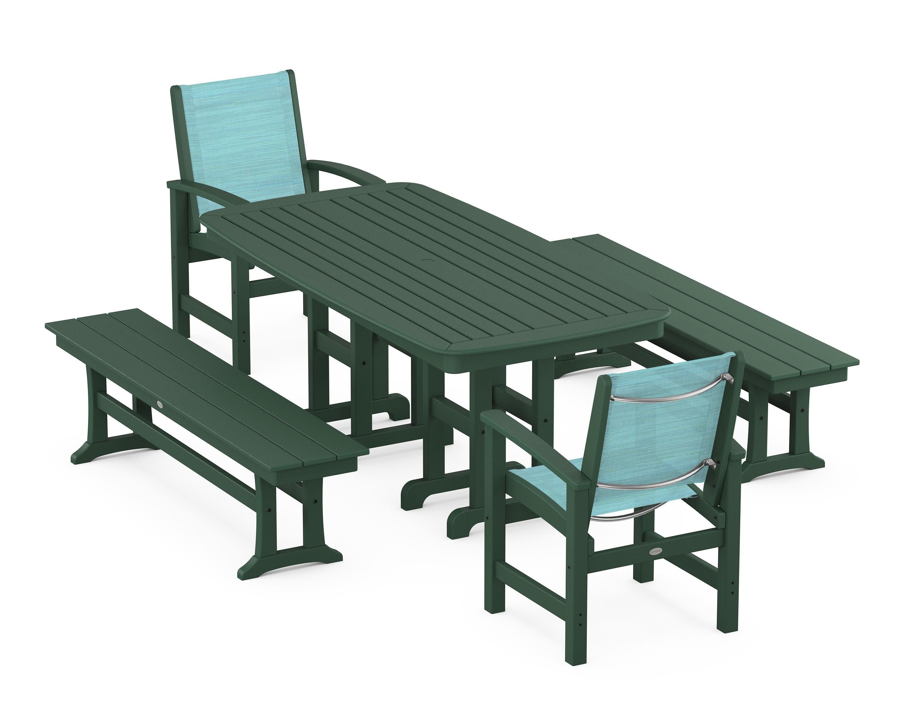 Coastal 5-Piece Dining Set in Green / Dupioni Aquamarine Sling