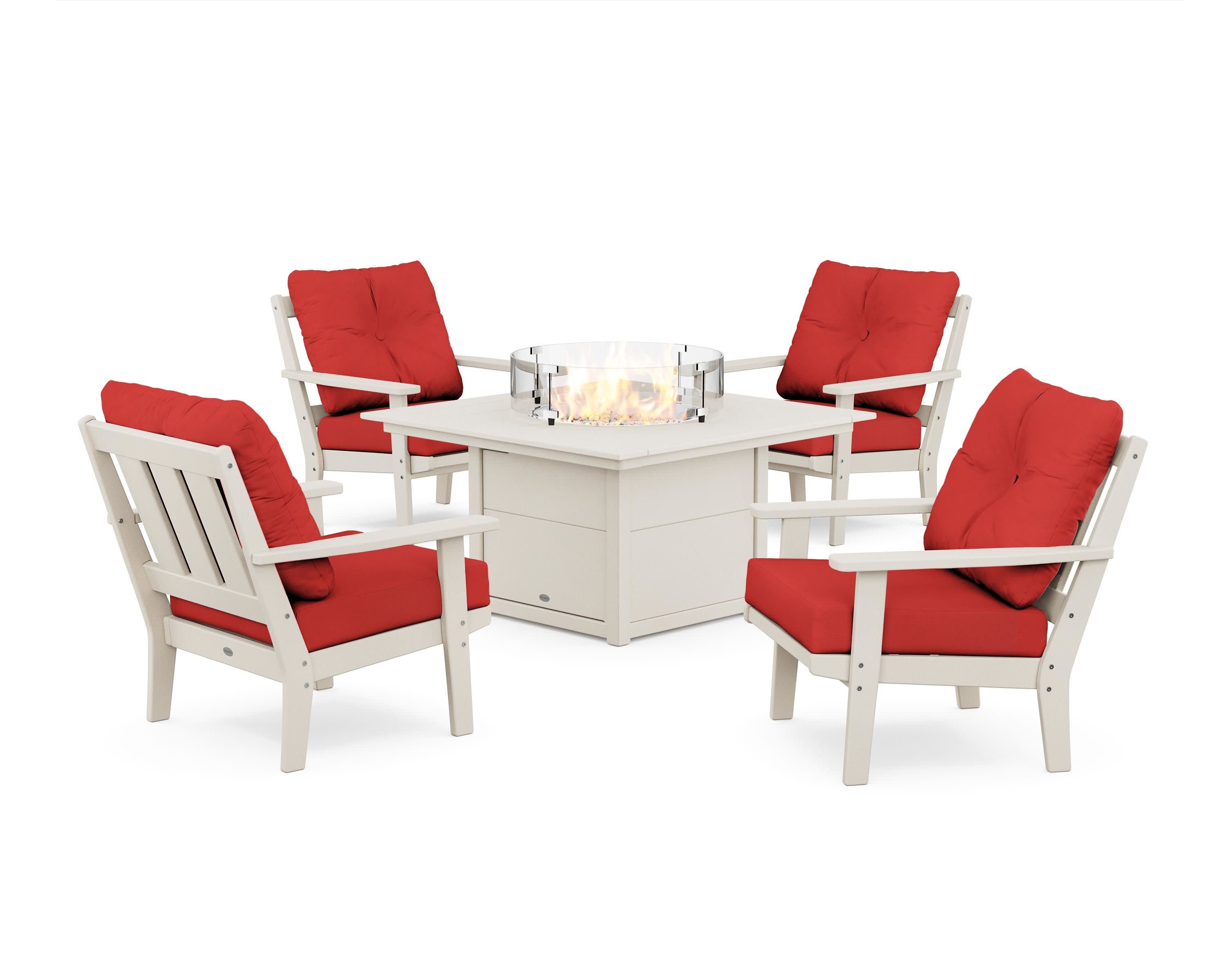 Oxford 5-Piece Deep Seating Set with Fire Pit Table in Sand / Crimson Linen