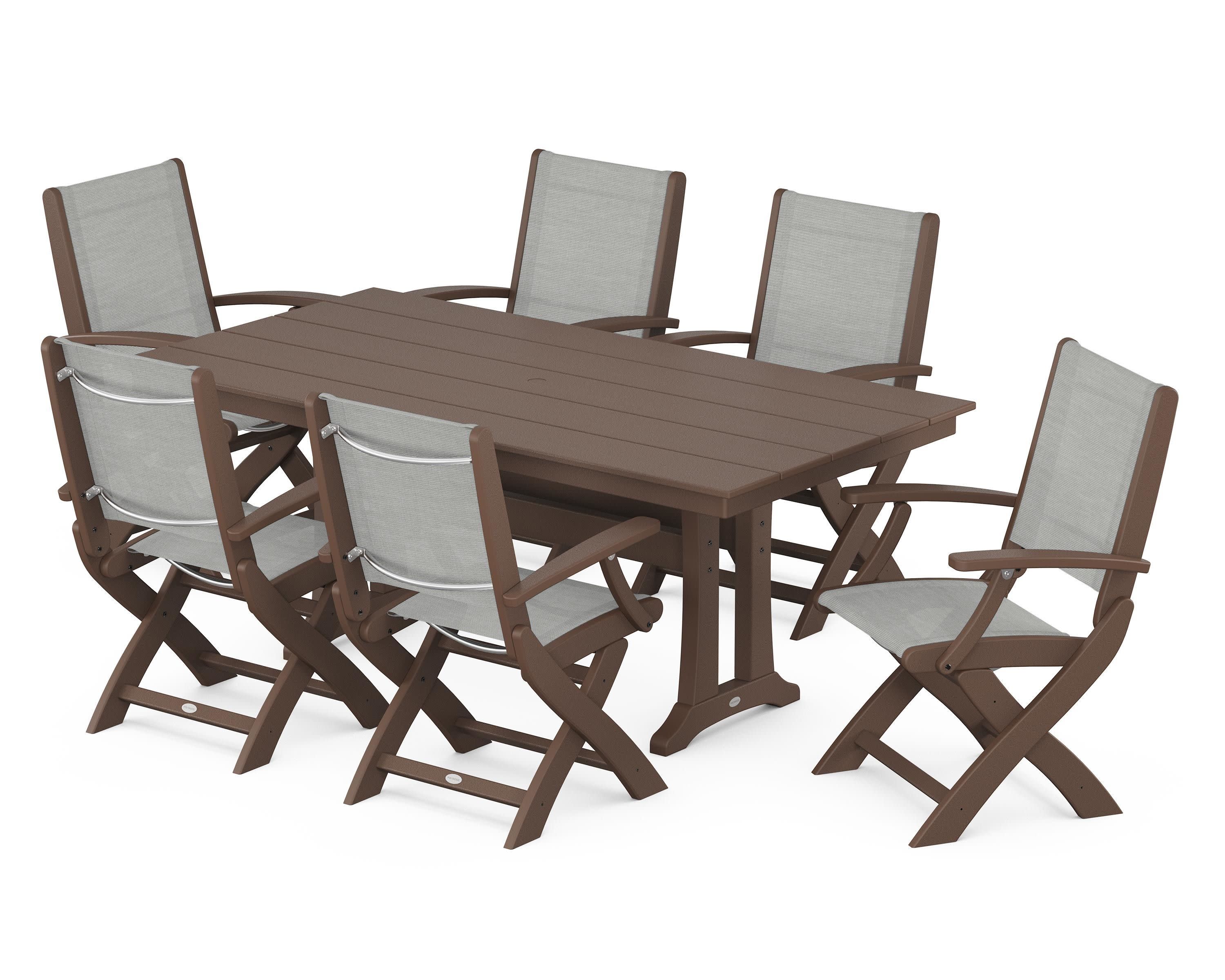 Coastal Folding Arm Chair 7-Piece Farmhouse Dining Set with Trestle Legs in Mahogany / Metallic Sling