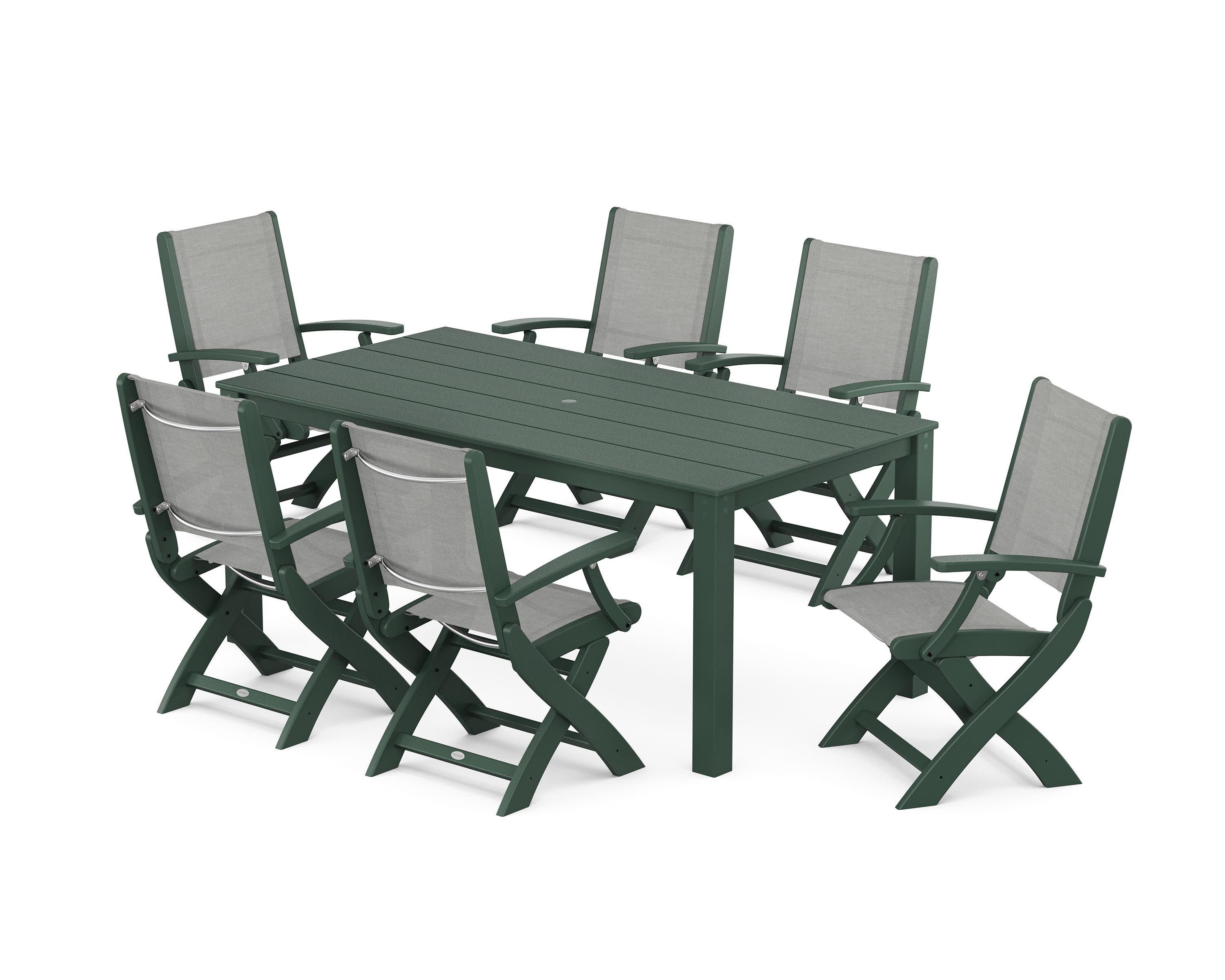Coastal Folding Chair 7-Piece Parsons Dining Set in Green / Metallic Sling