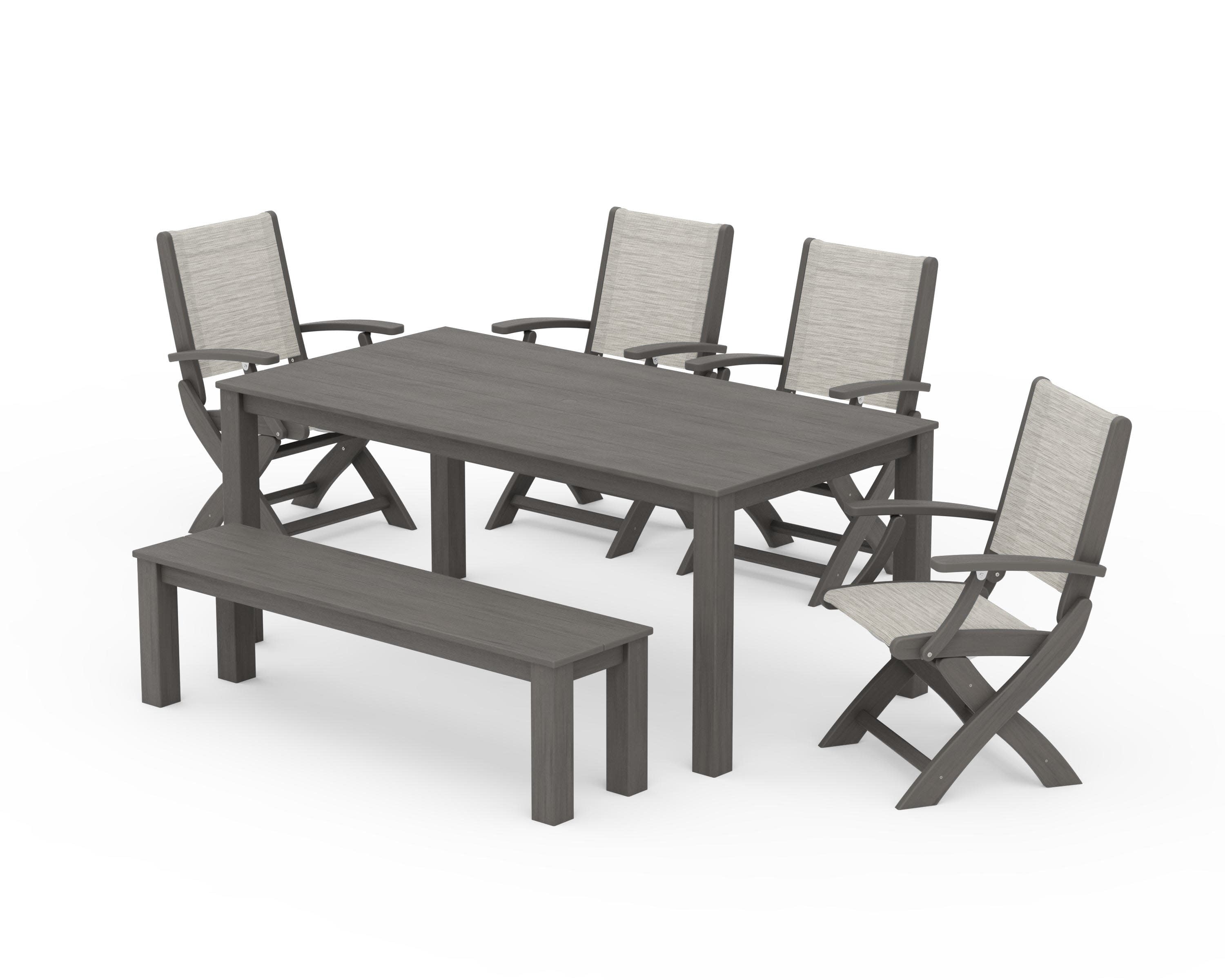Coastal Folding Chair 6-Piece Parsons Dining Set with Bench in Driftwood / Birch Sling