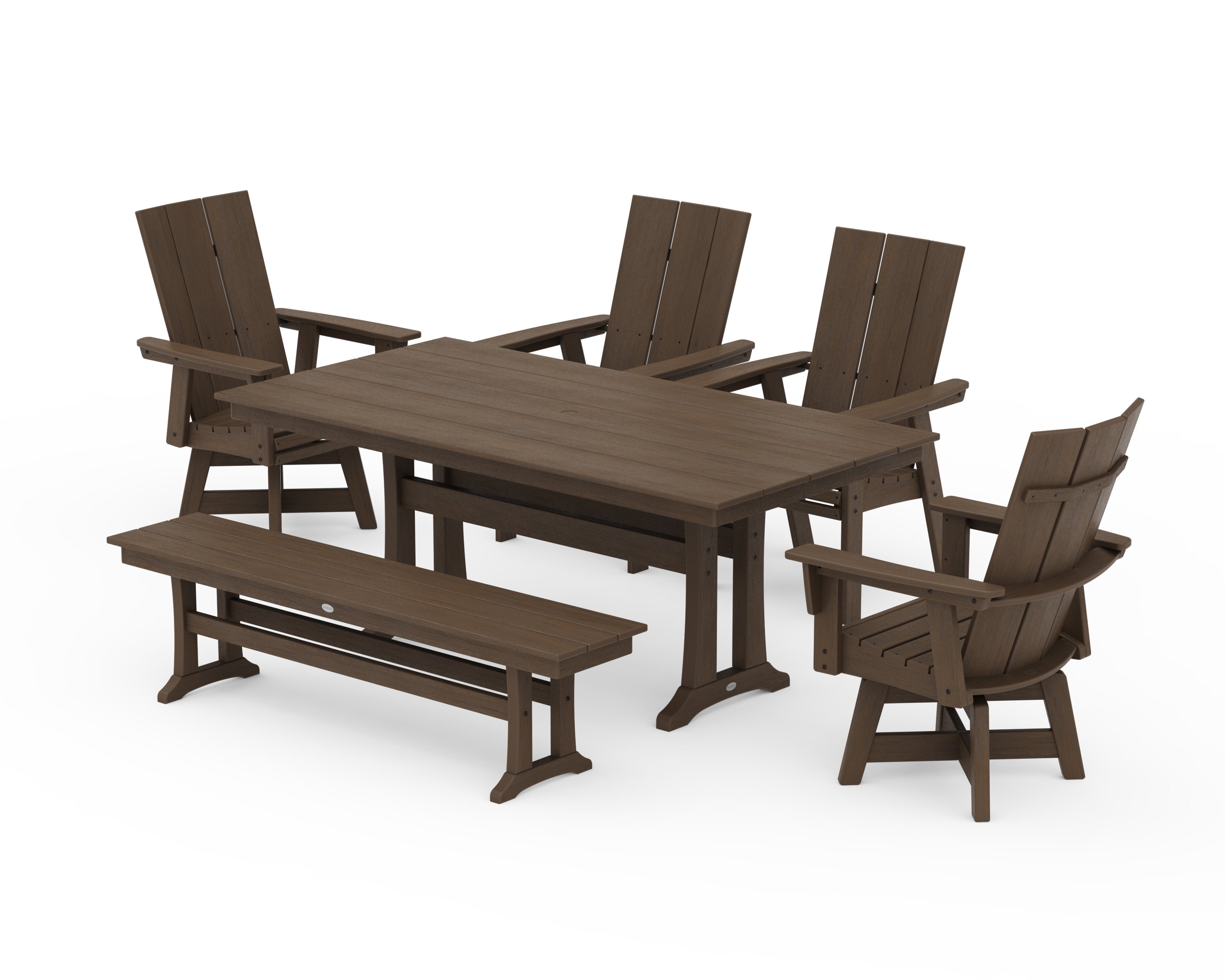 Modern Curveback Adirondack Swivel Chair 6-Piece Farmhouse Dining Set With Trestle Legs and Bench in Kona