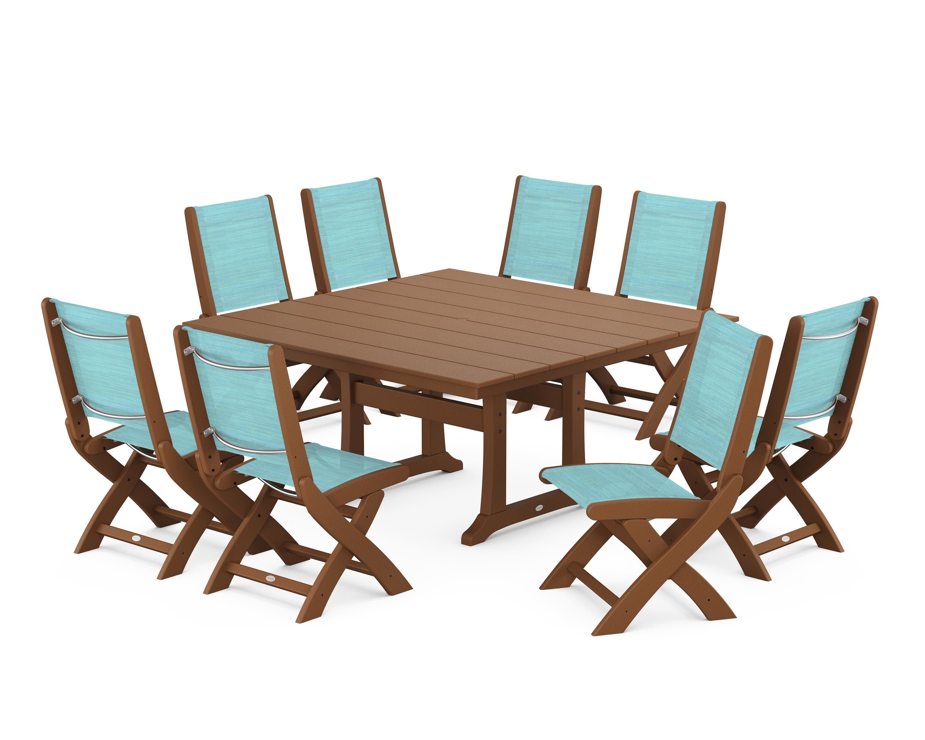 Coastal Folding Side Chair 9-Piece Farmhouse Dining Set in Teak / Dupioni Aquamarine Sling