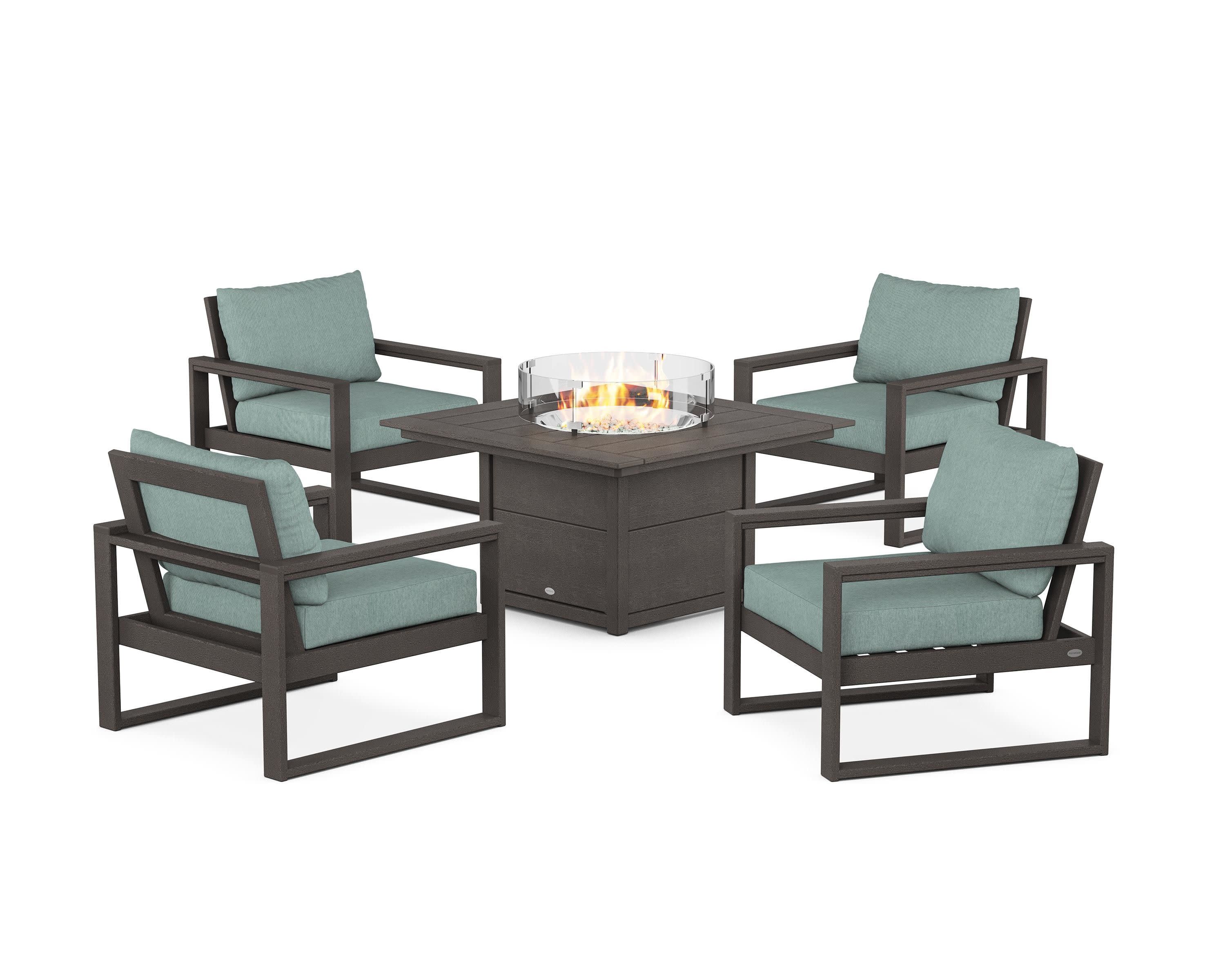 EDGE Sectional 5-Piece Deep Seating Set with Fire Pit Table in Vintage Coffee / Glacier Spa