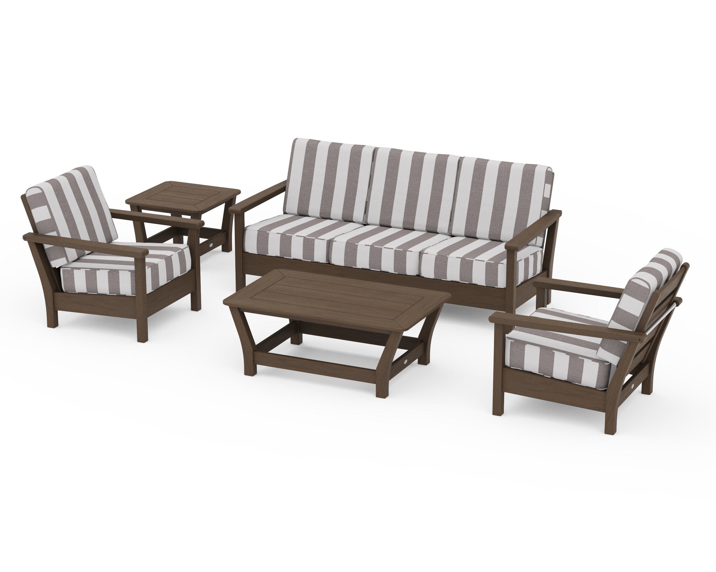 Harbour 5-Piece Deep Seating Set in Kona / Cabana Stripe Grey Mist