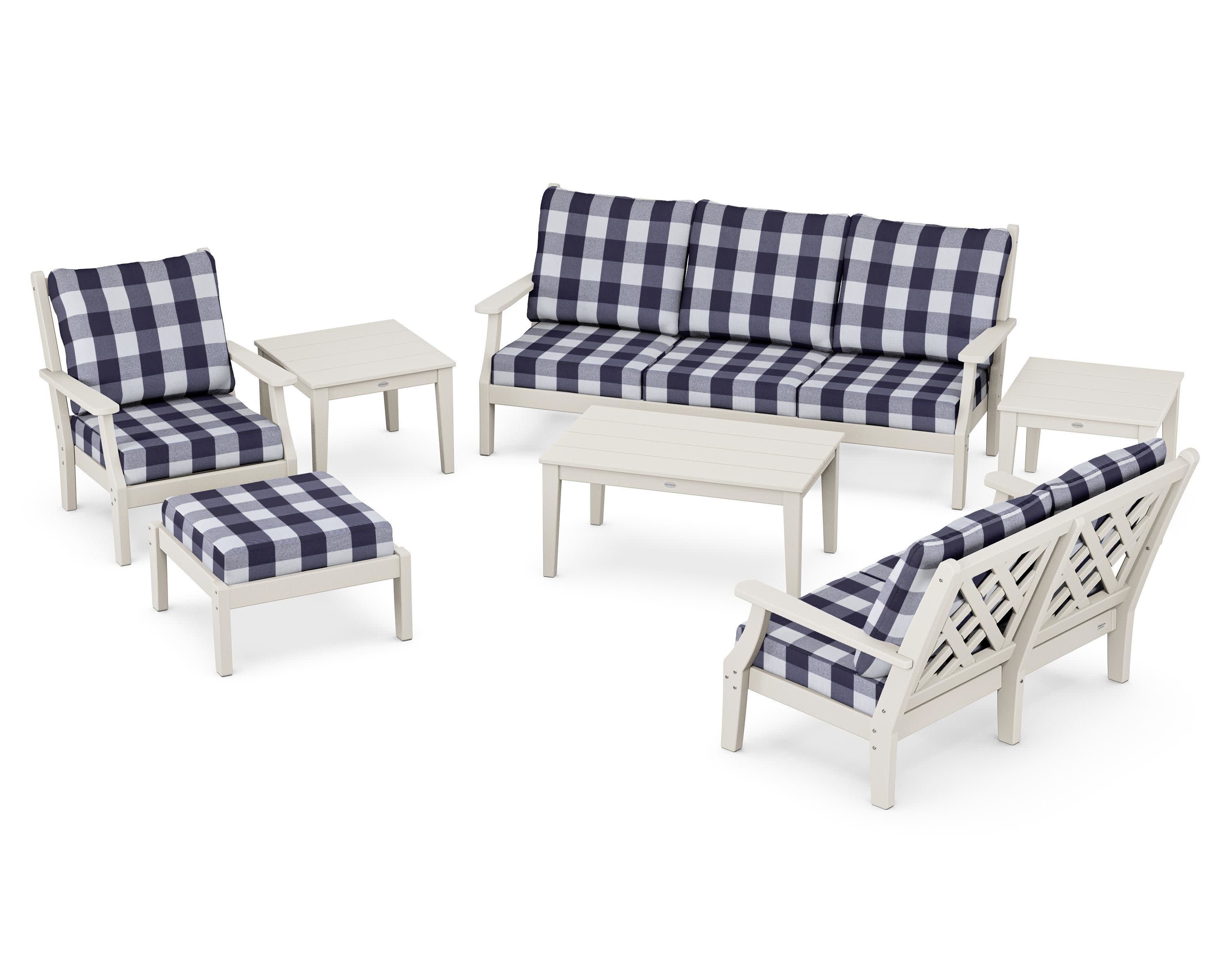 Wovendale 7-Piece Deep Seating Set in Sand / Buffalo Plaid Navy