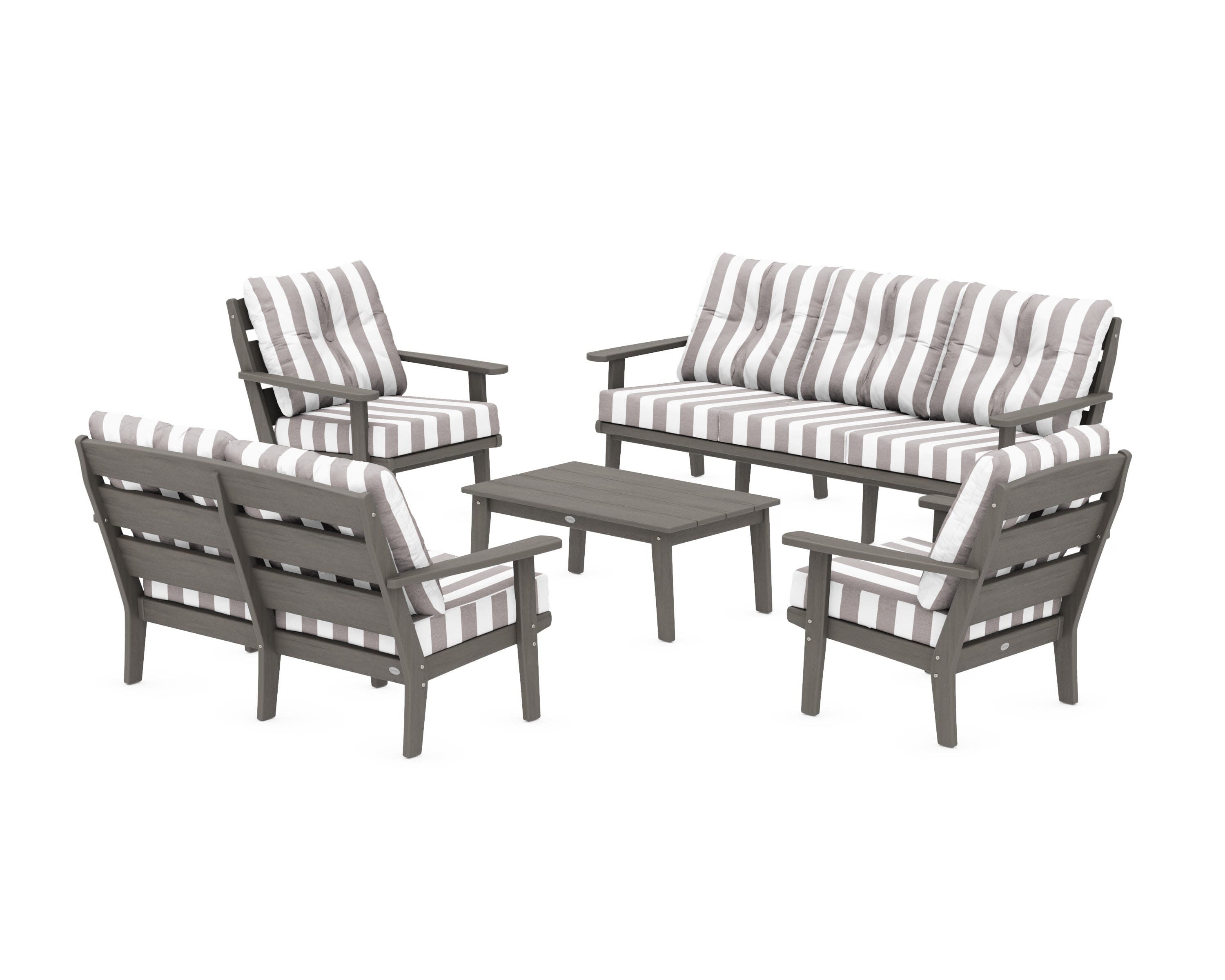 Lakeside 5-Piece Lounge Sofa Set in Driftwood / Cabana Stripe Grey Mist