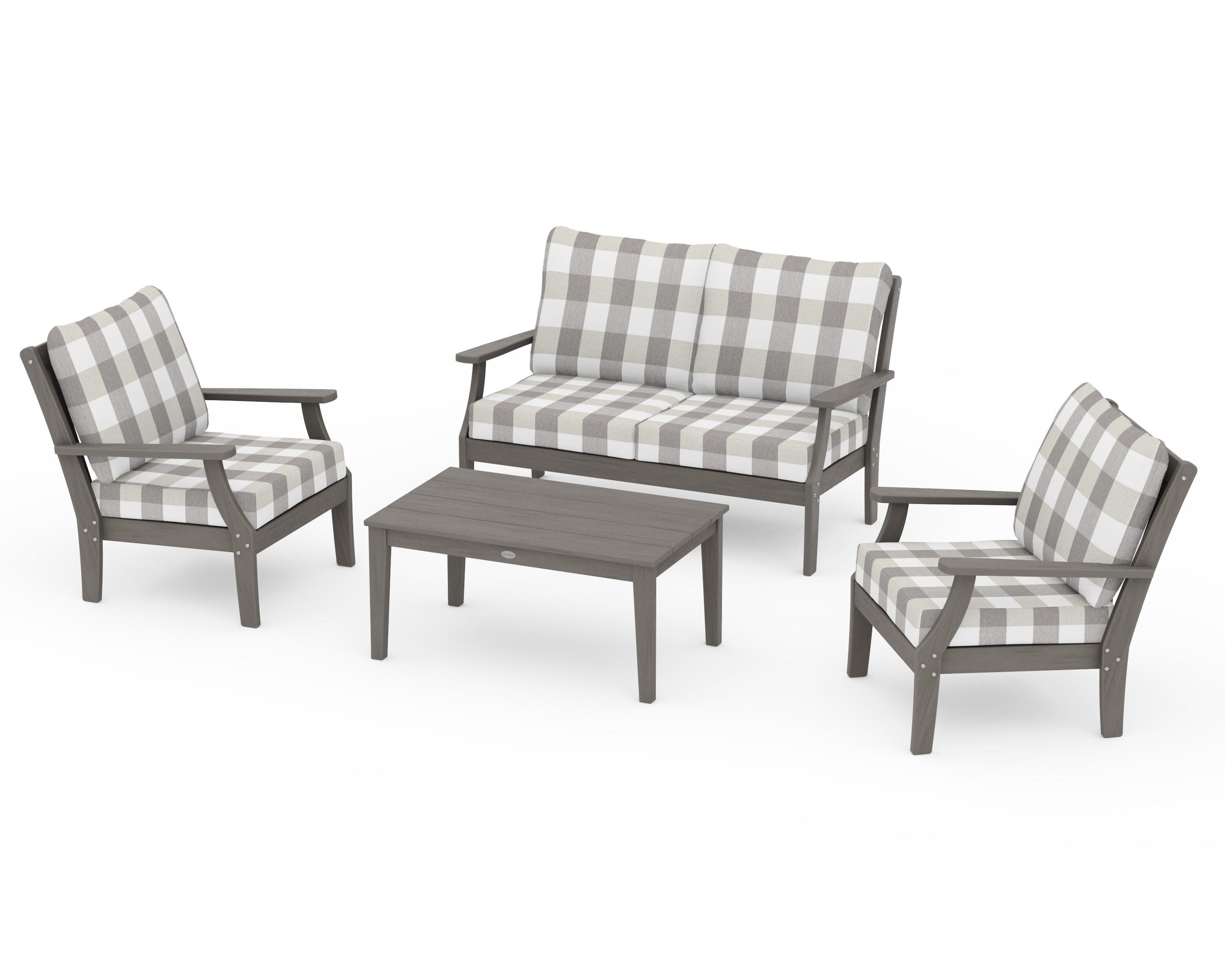 Braxton 4-Piece Deep Seating Chair Set in Driftwood / Buffalo Plaid Grey Mist