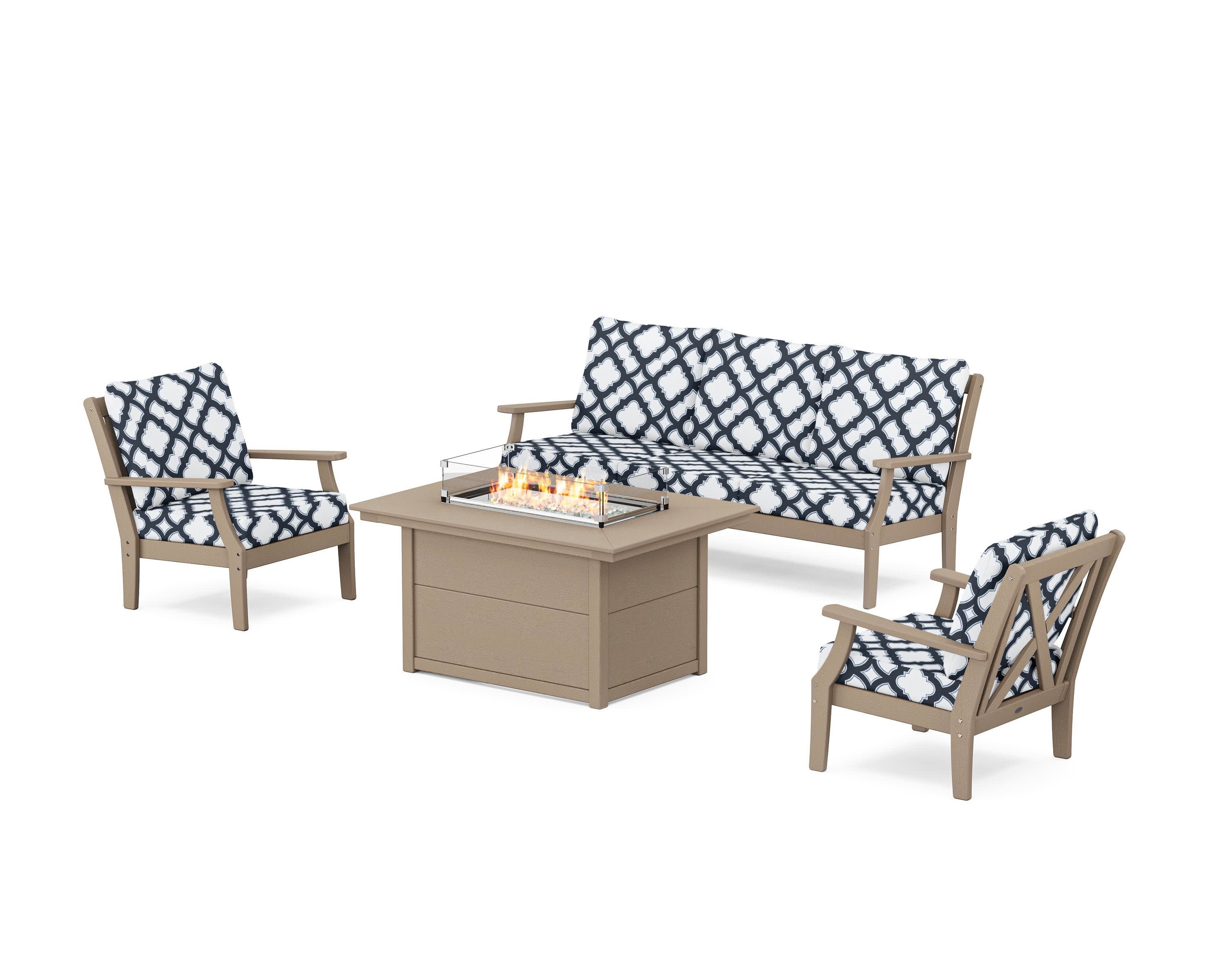 Braxton Deep Seating Fire Pit Table Set in Vintage Sahara / Trellis Marine Indigo