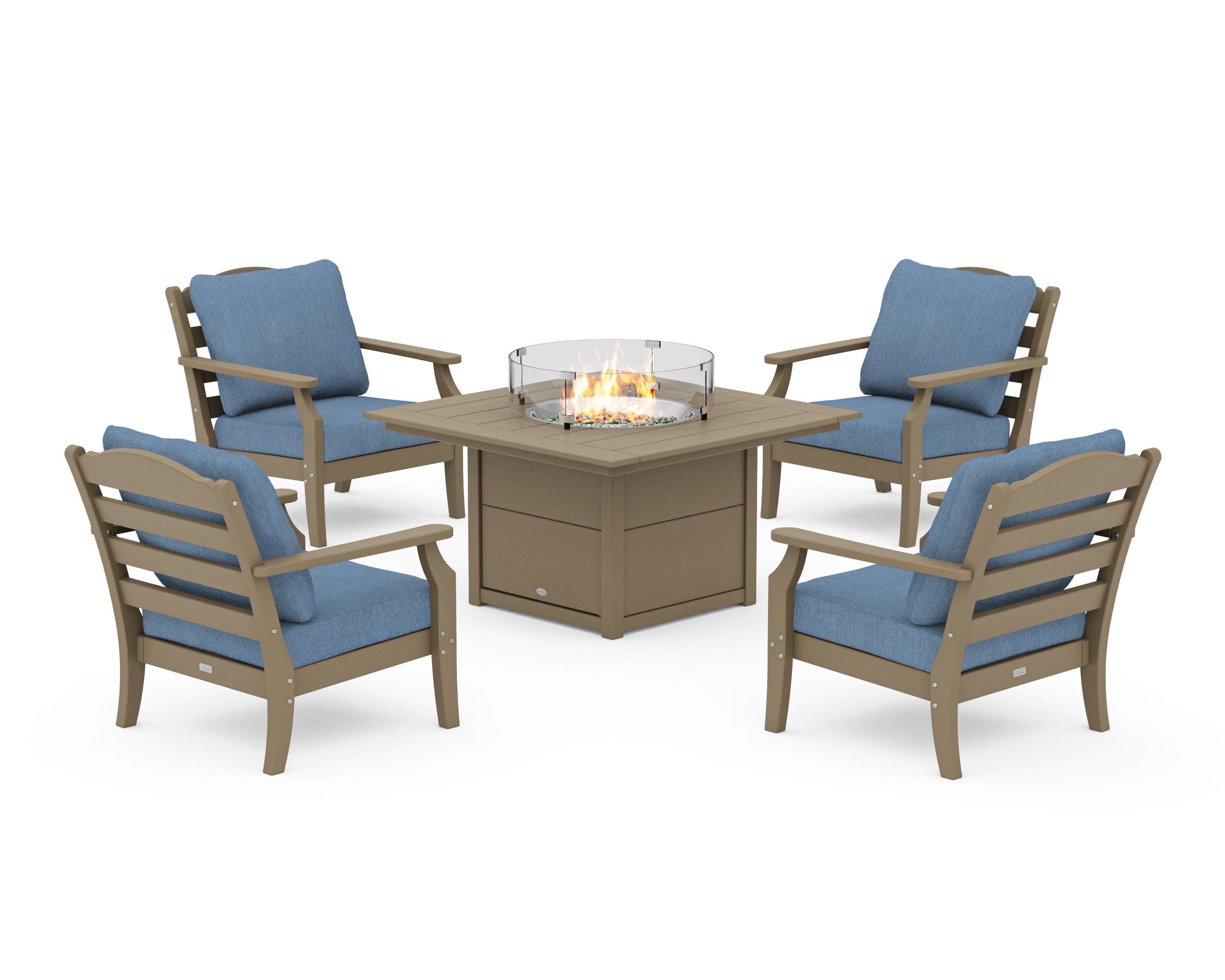 Savannah 5-Piece Deep Seating Set with Fire Pit Table in Vintage Sahara / Sky Blue
