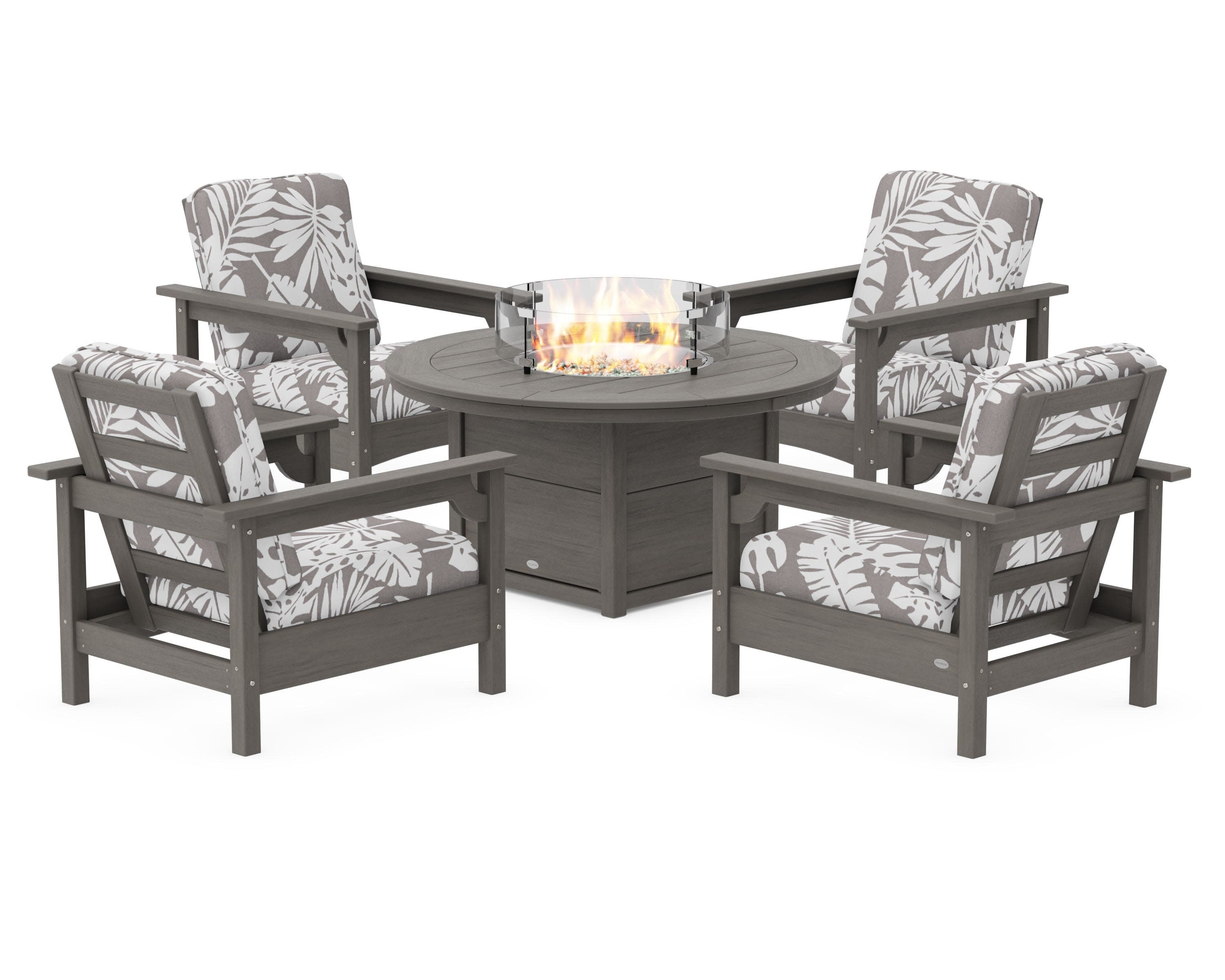 Club 5-Piece Conversation Set with Fire Pit Table in Driftwood / Leaf Grey Mist