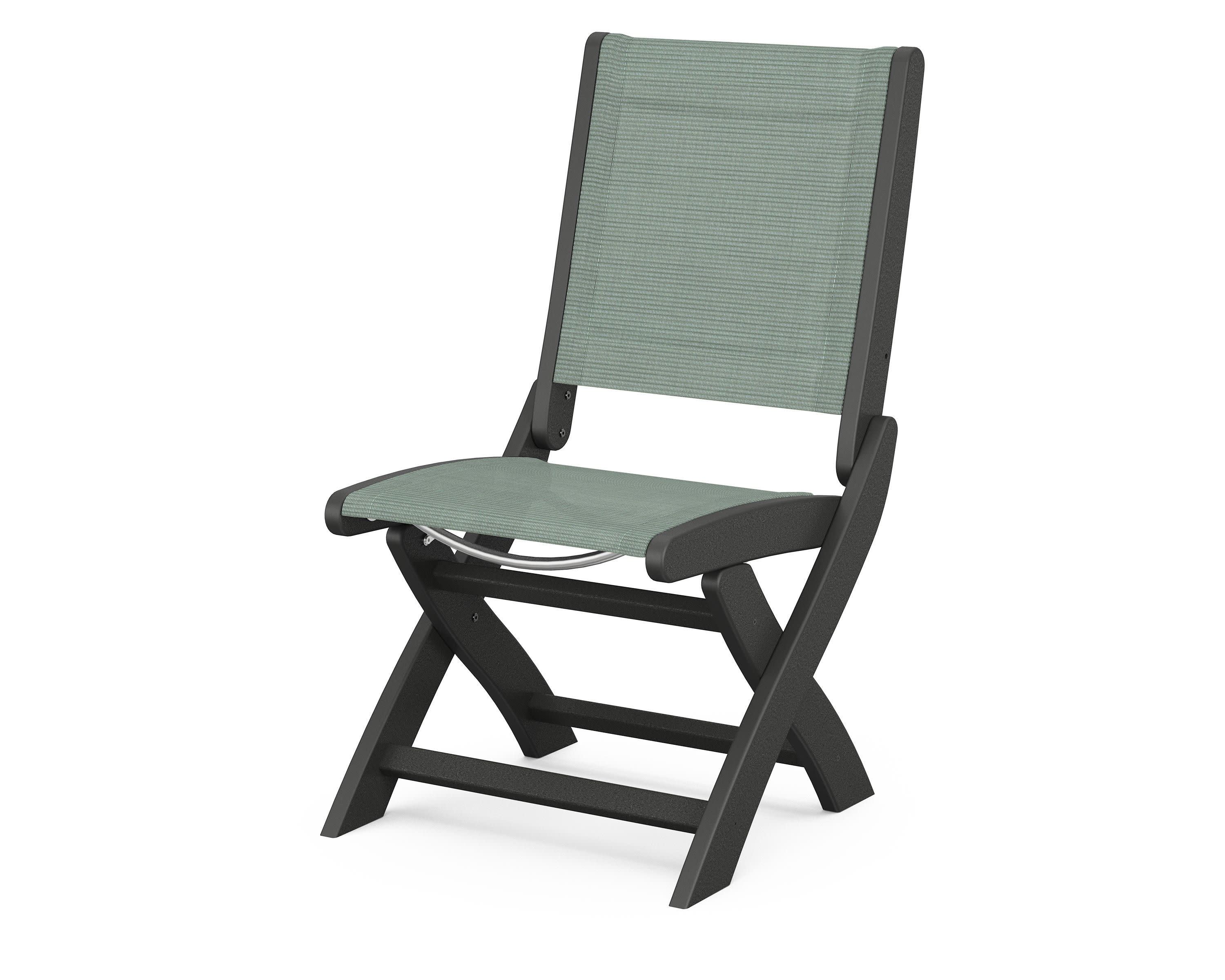 Coastal Folding Side Chair in Black / Dupioni Sea Mist Sling