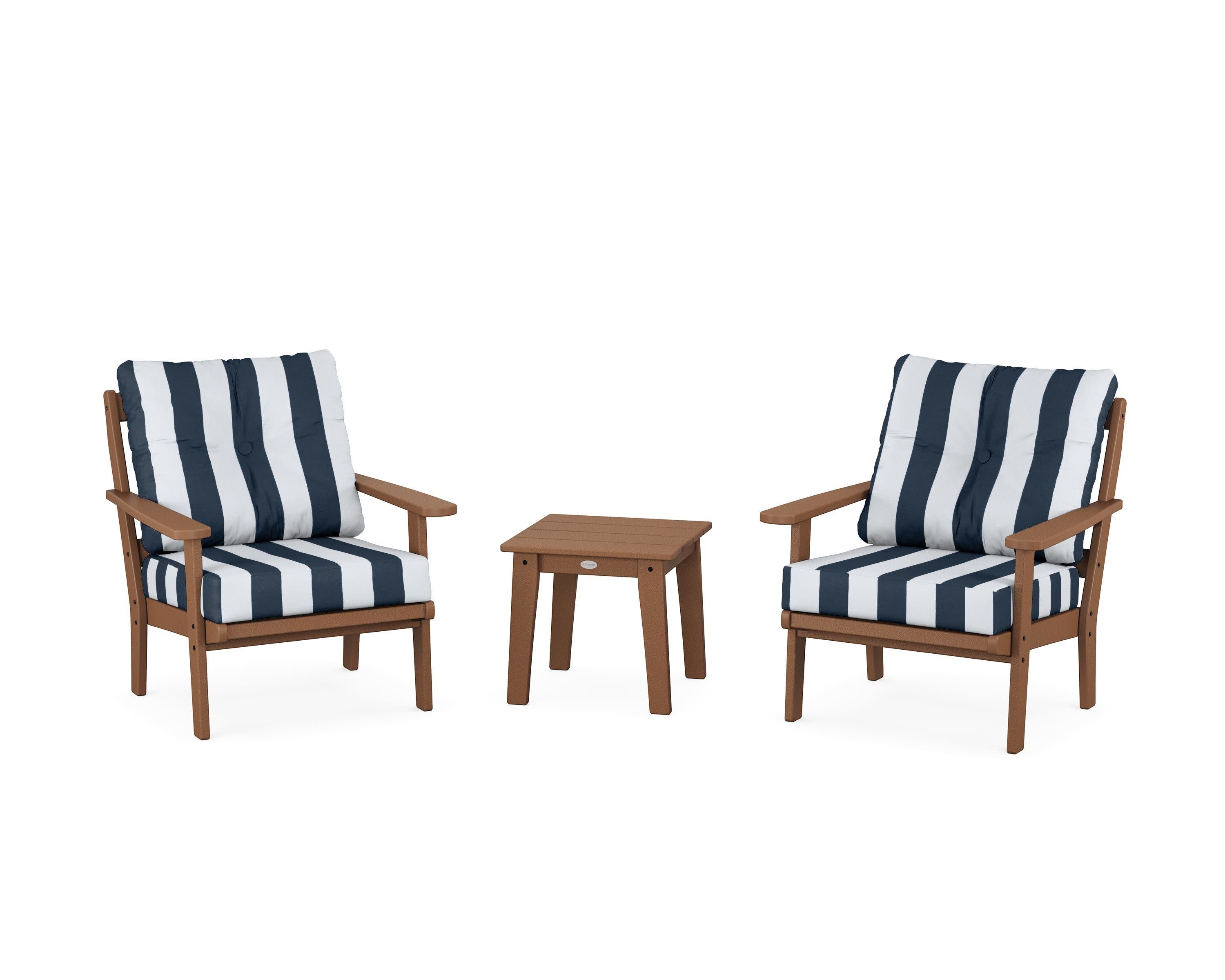 Mission 3-Piece Deep Seating Set in Teak / Cabana Stripe Marine Indigo