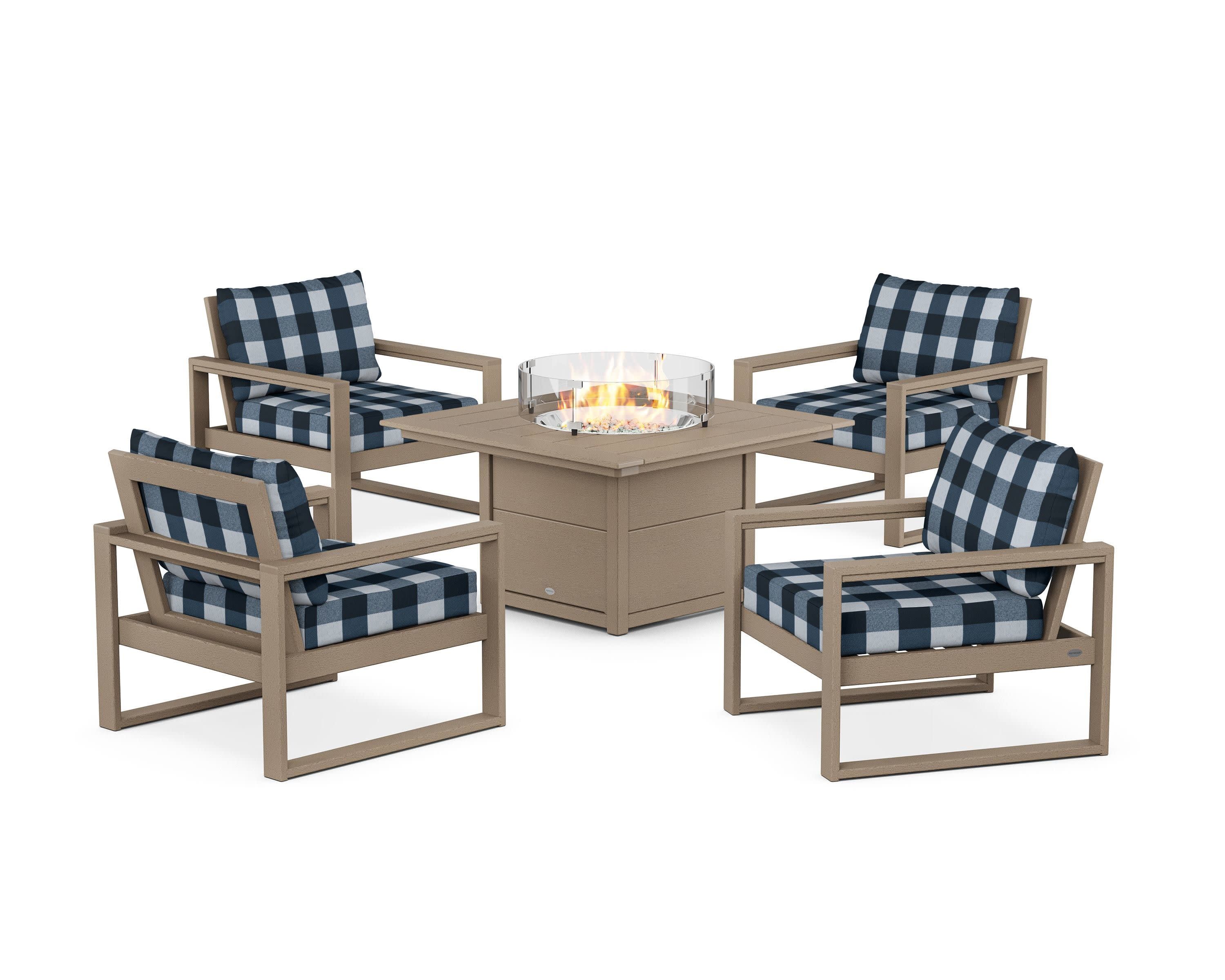 EDGE Sectional 5-Piece Deep Seating Set with Fire Pit Table in Vintage Sahara / Buffalo Plaid Marine Indigo