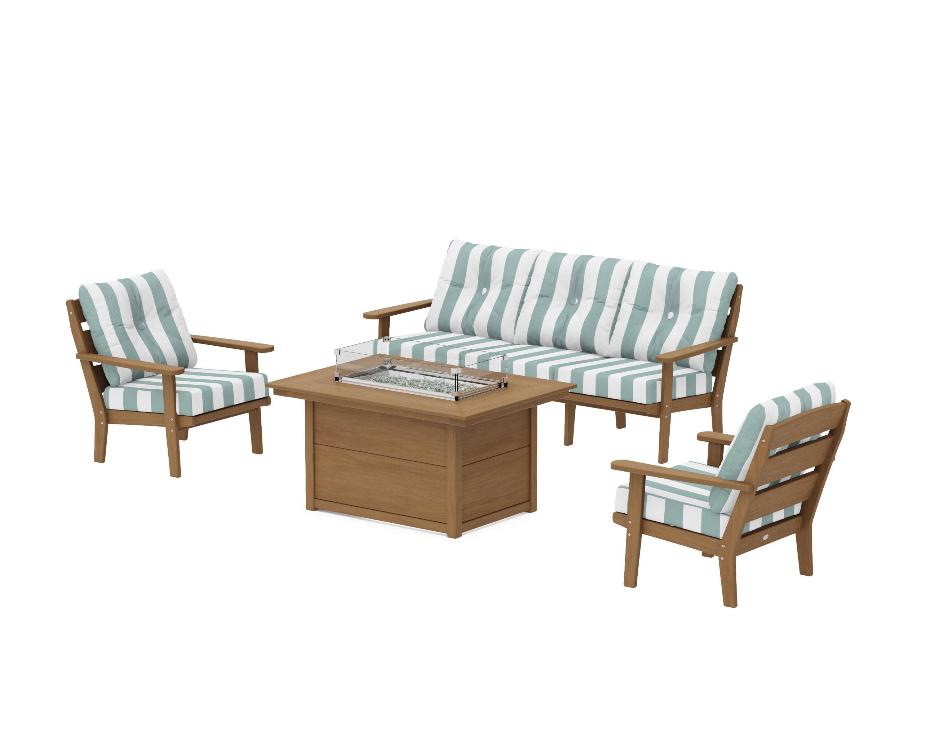 Lakeside Deep Seating Fire Pit Table Set in Natural / Cabana Stripe Glacier Spa
