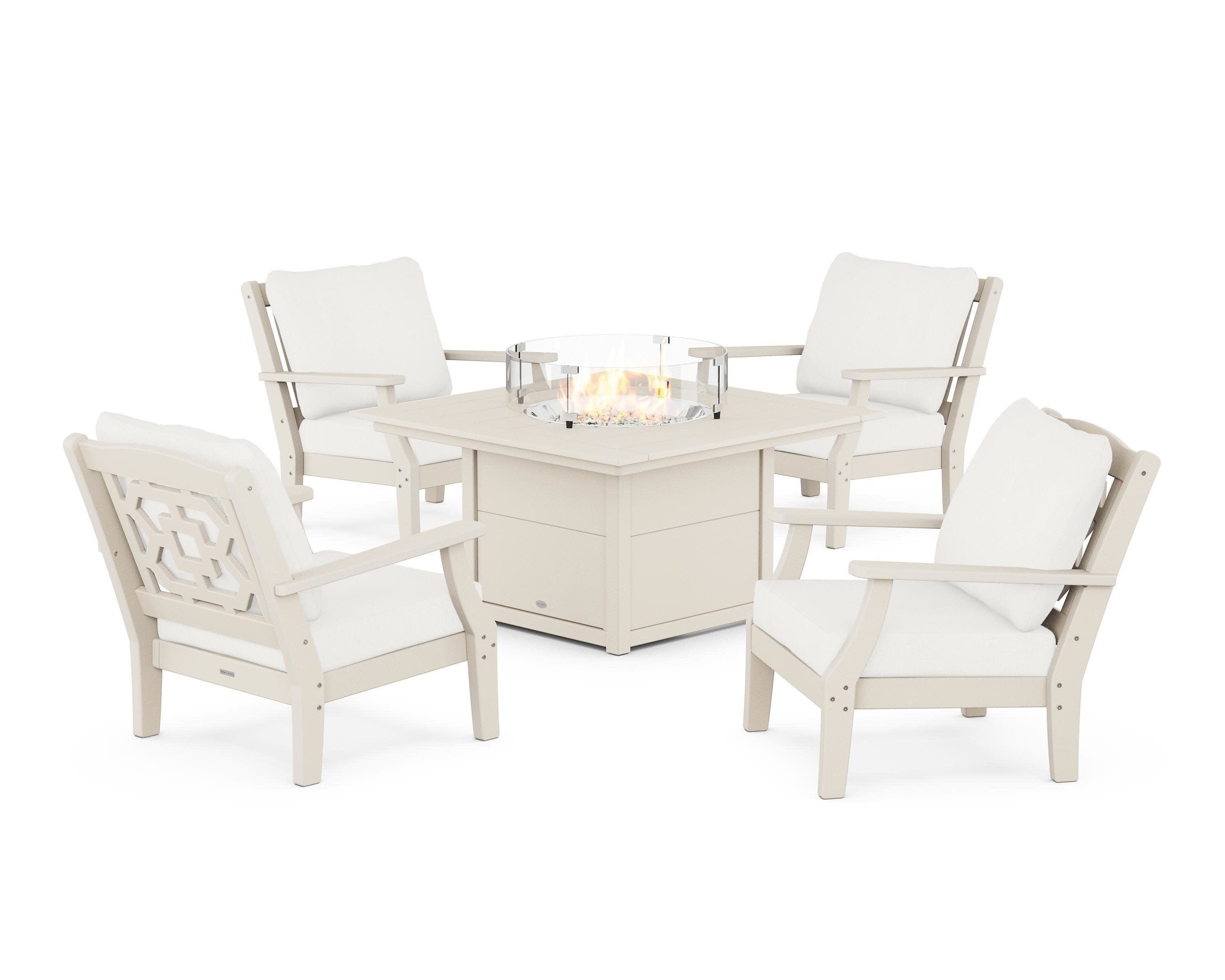 Chinoiserie 5-Piece Deep Seating Set with Fire Pit Table in Sand / Natural Linen