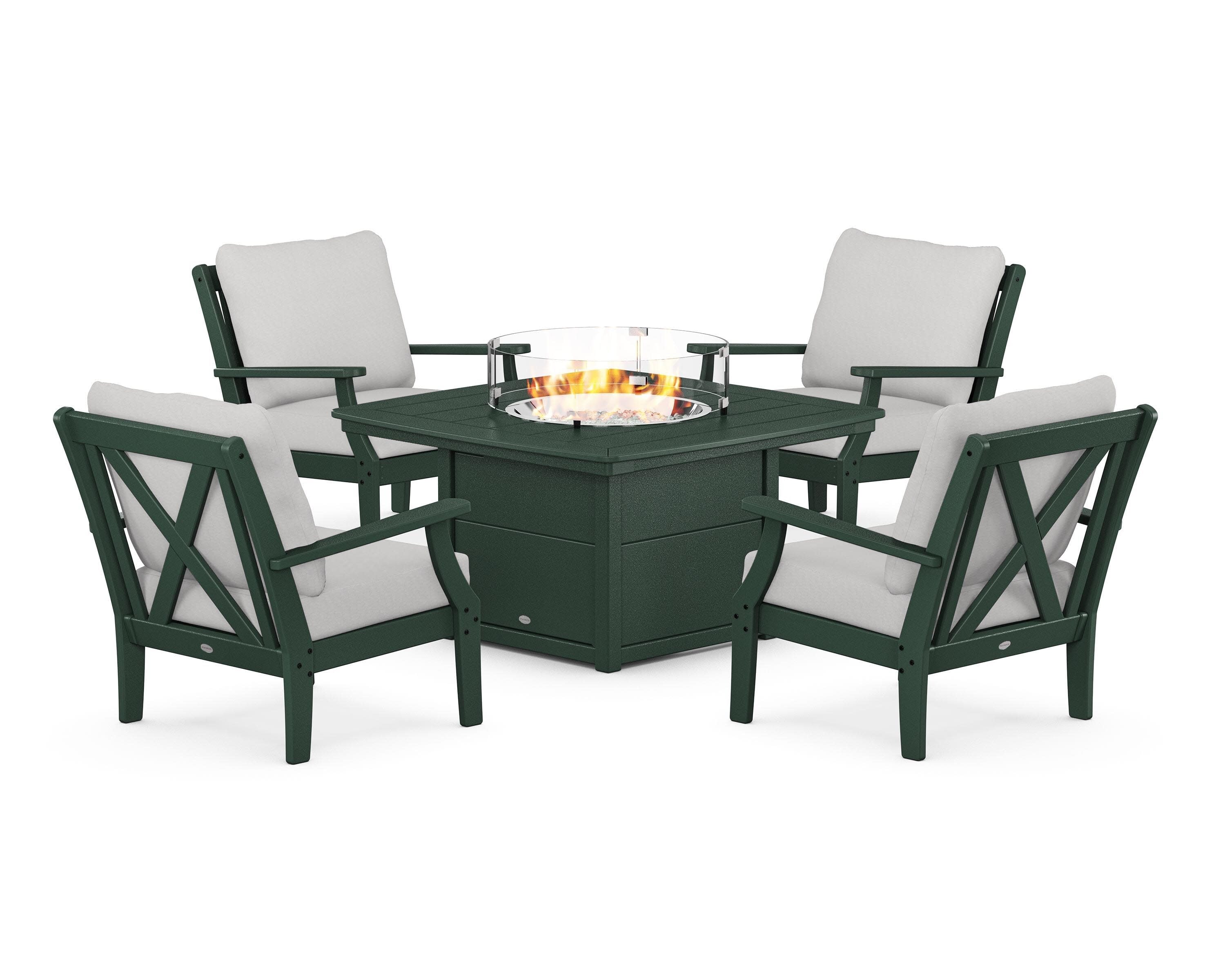 Braxton 5-Piece Deep Seating Conversation Set with Fire Pit Table in Green / Diamond in the Rough