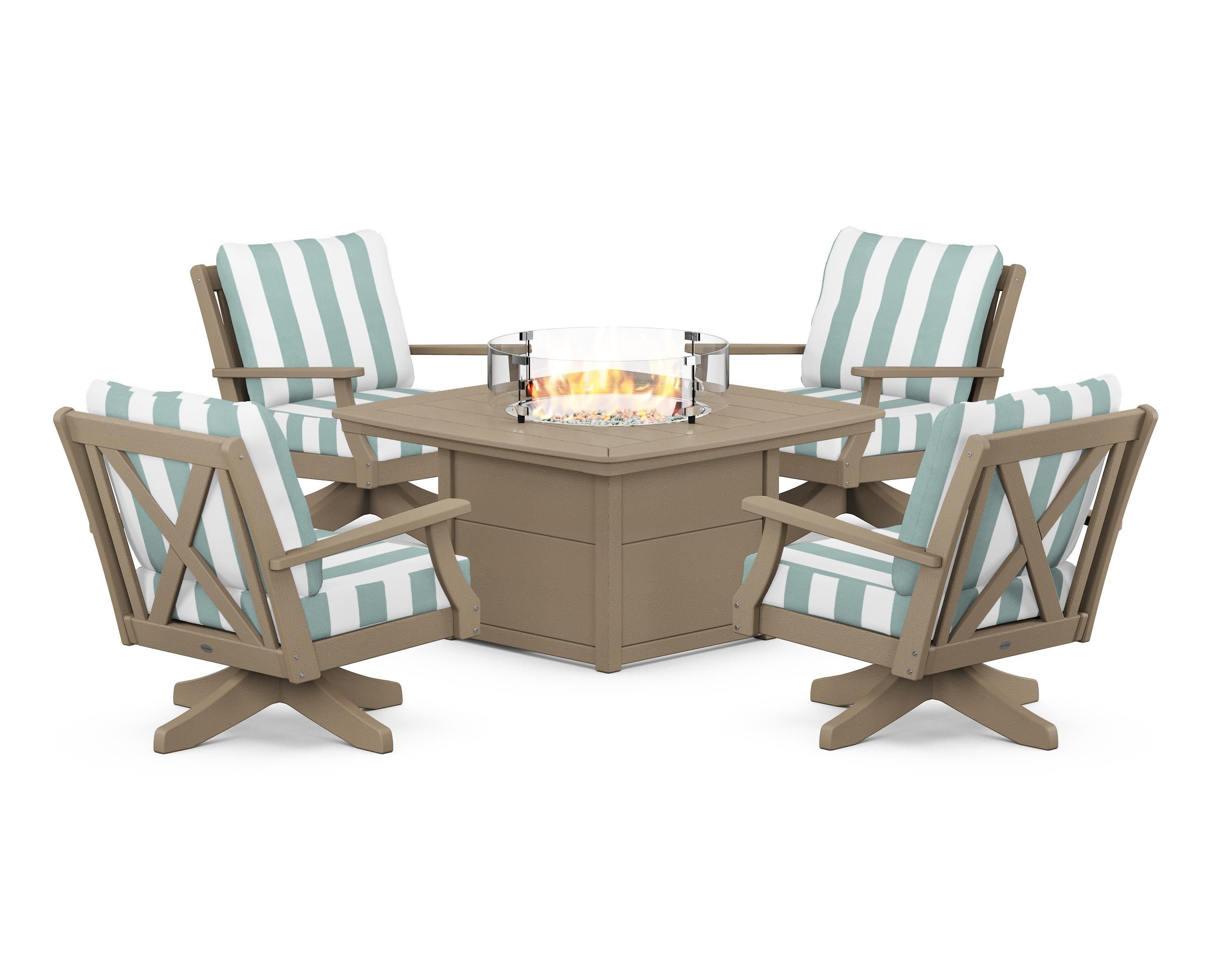 Braxton 5-Piece Deep Seating Swivel Conversation Set with Fire Pit Table in Vintage Sahara / Cabana Stripe Glacier Spa