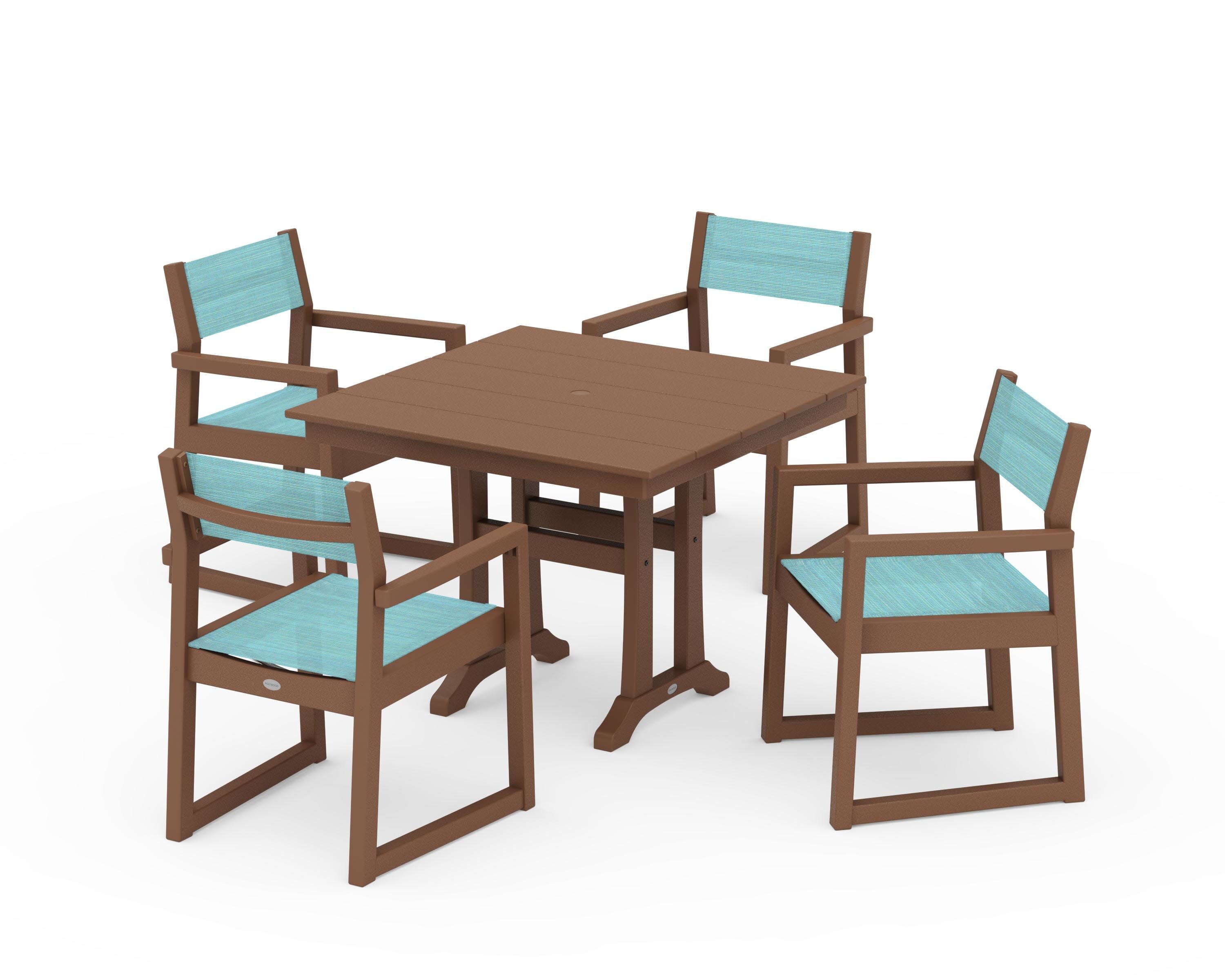 EDGE Sling 5-Piece Farmhouse Dining Set with Trestle Legs in Teak / Dupioni Aquamarine Sling