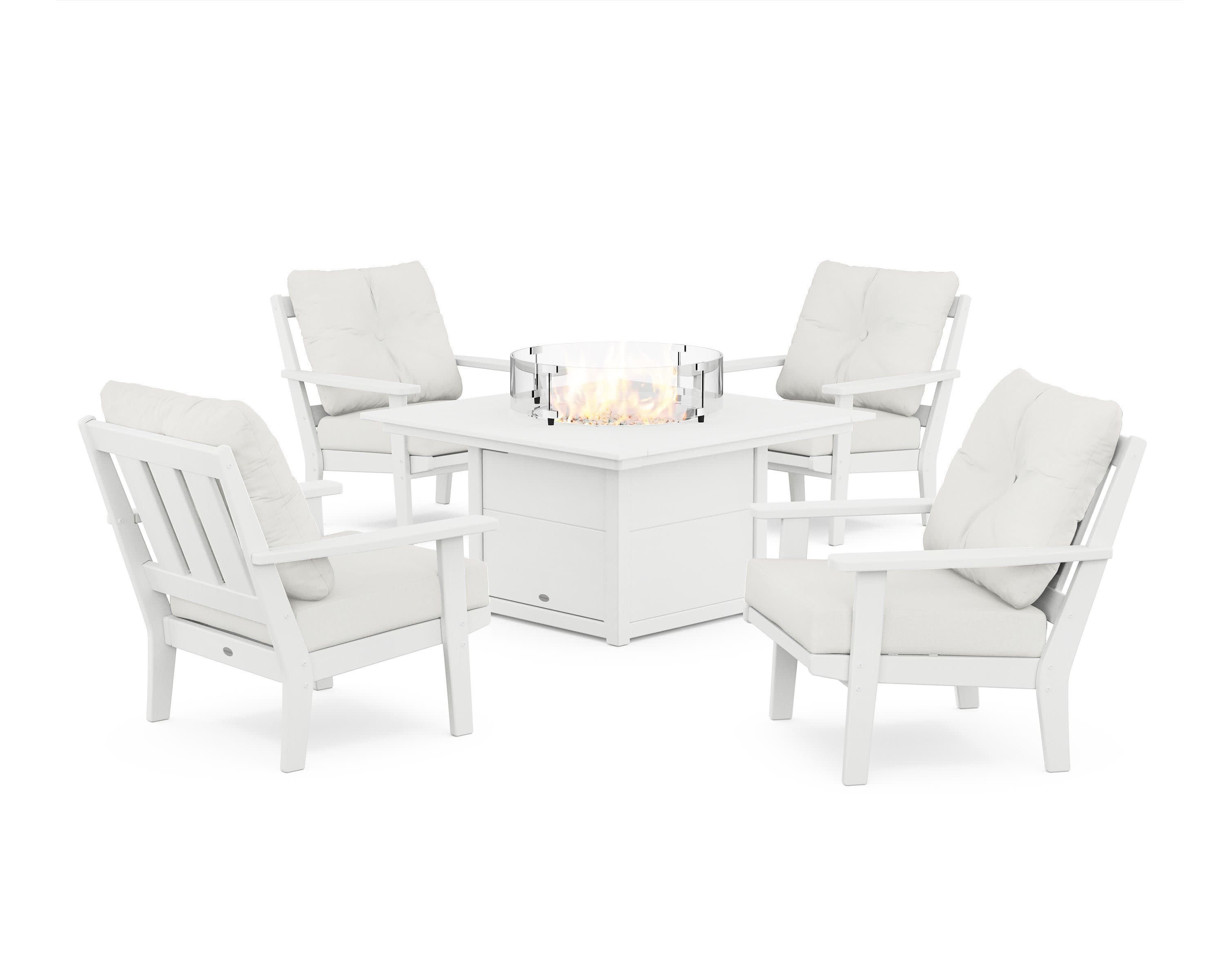 Oxford 5-Piece Deep Seating Set with Fire Pit Table in White / Natural Linen