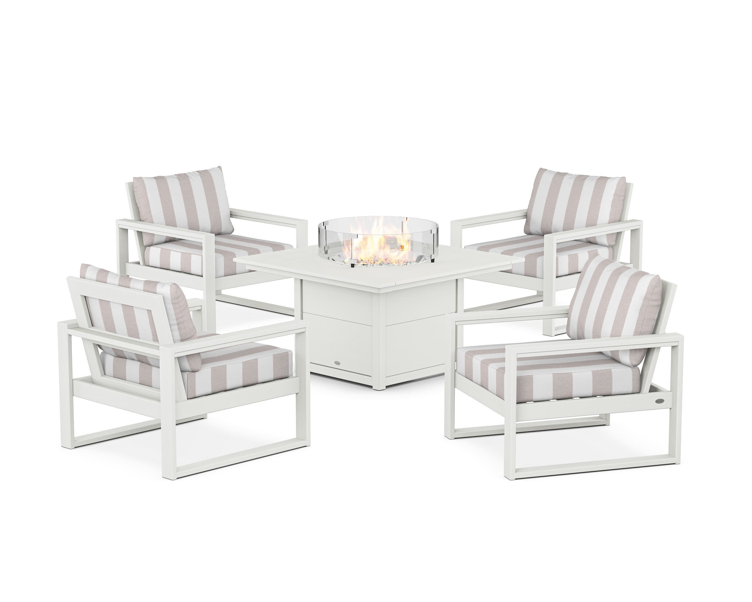 EDGE Sectional 5-Piece Deep Seating Set with Fire Pit Table in Vintage White / Cabana Stripe Dune Burlap