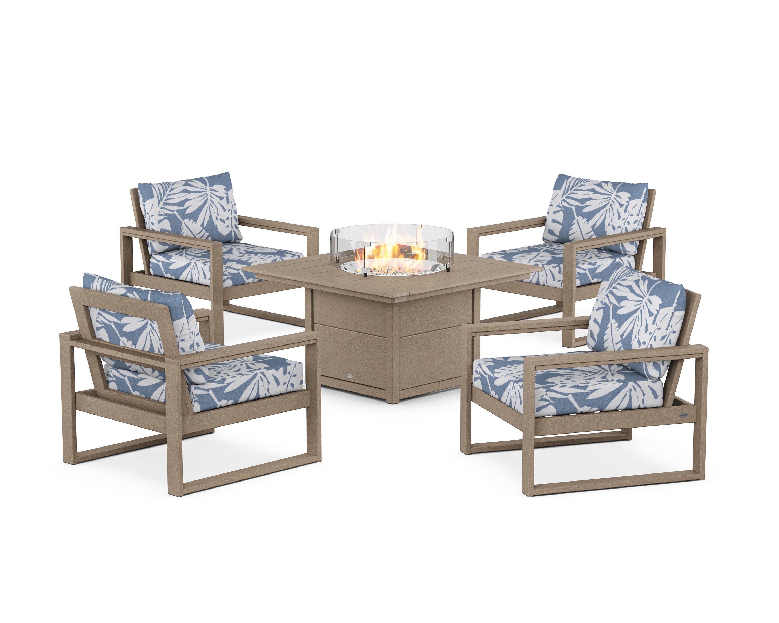 EDGE Sectional 5-Piece Deep Seating Set with Fire Pit Table in Vintage Sahara / Leaf Sky Blue