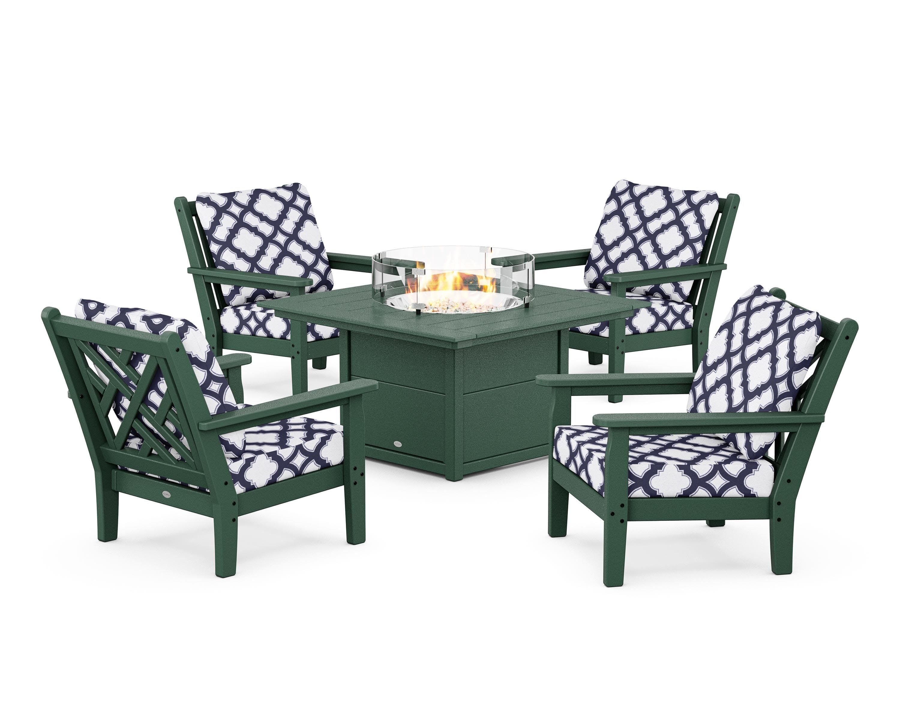 Chippendale 5-Piece Deep Seating Set with Fire Pit Table in Green / Trellis Navy