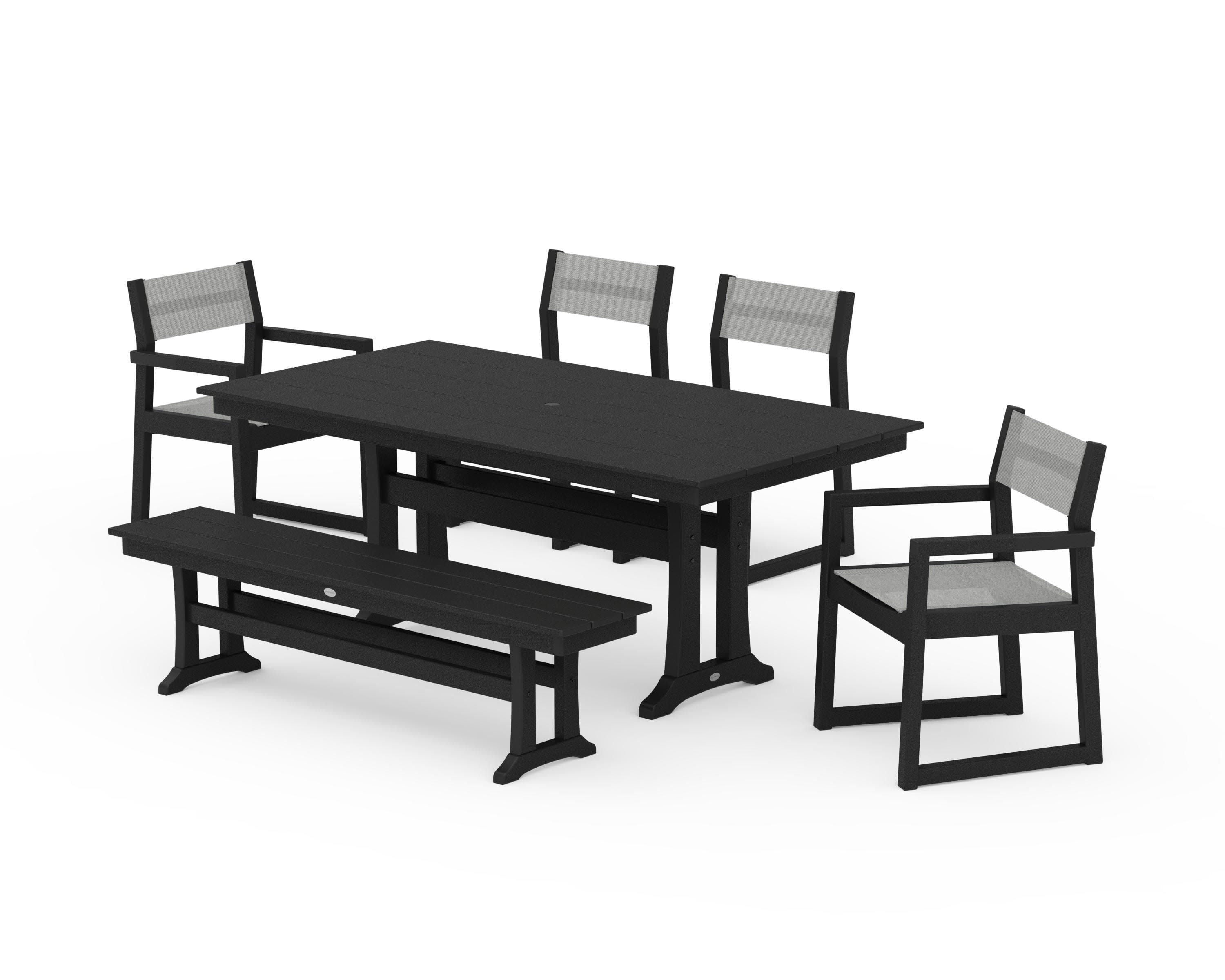 EDGE Sling 6-Piece Farmhouse Dining Set With Trestle Legs in Black / Metallic Sling