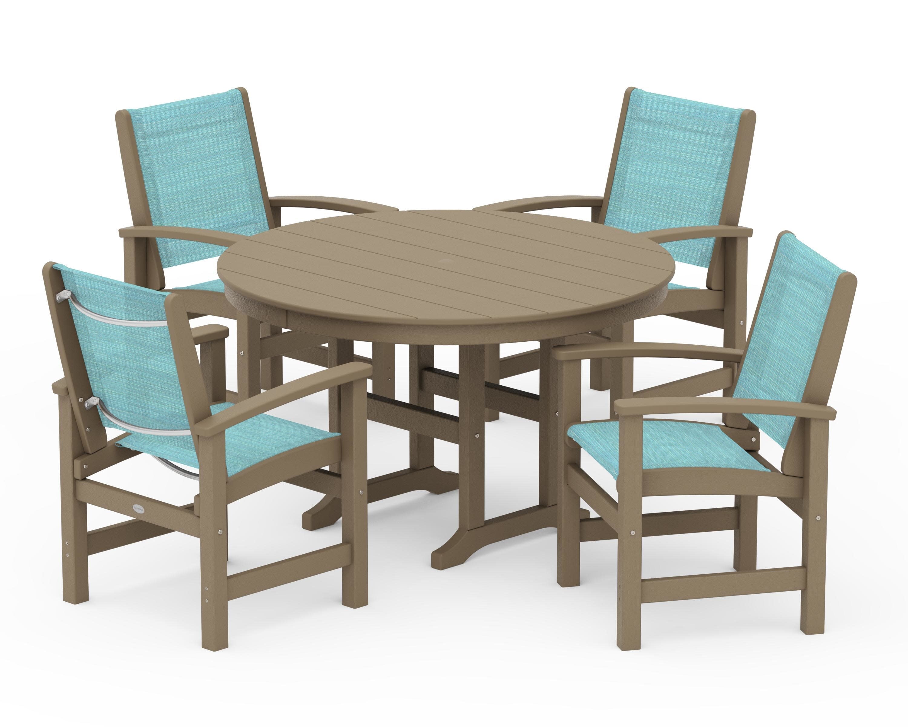 Coastal 5-Piece Round Farmhouse Dining Set in Vintage Sahara / Dupioni Aquamarine Sling