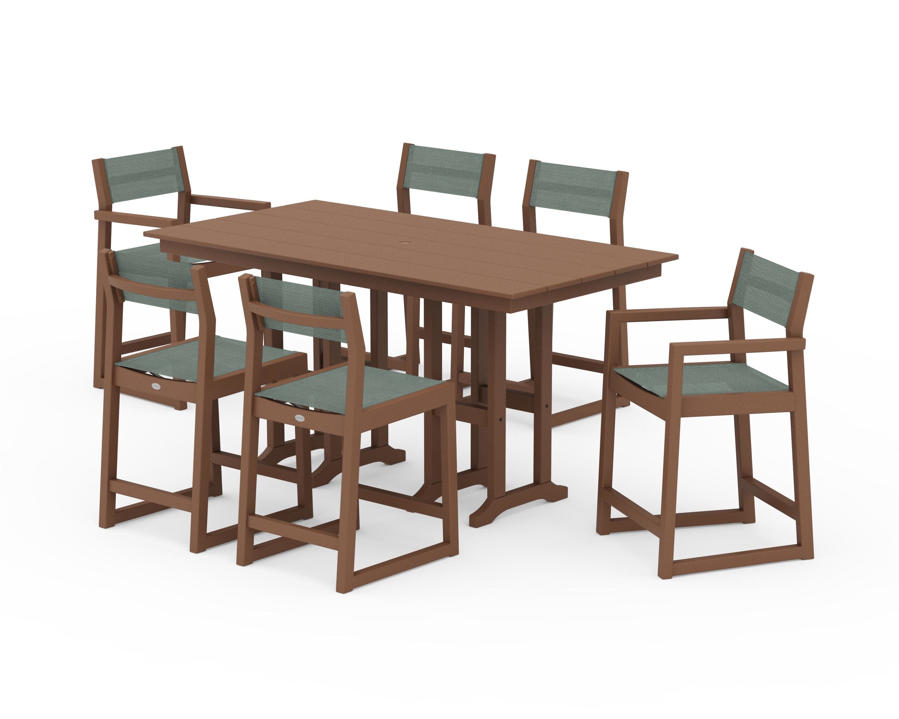 EDGE Sling 7-Piece Farmhouse Counter Set in Teak / Dupioni Sea Mist Sling