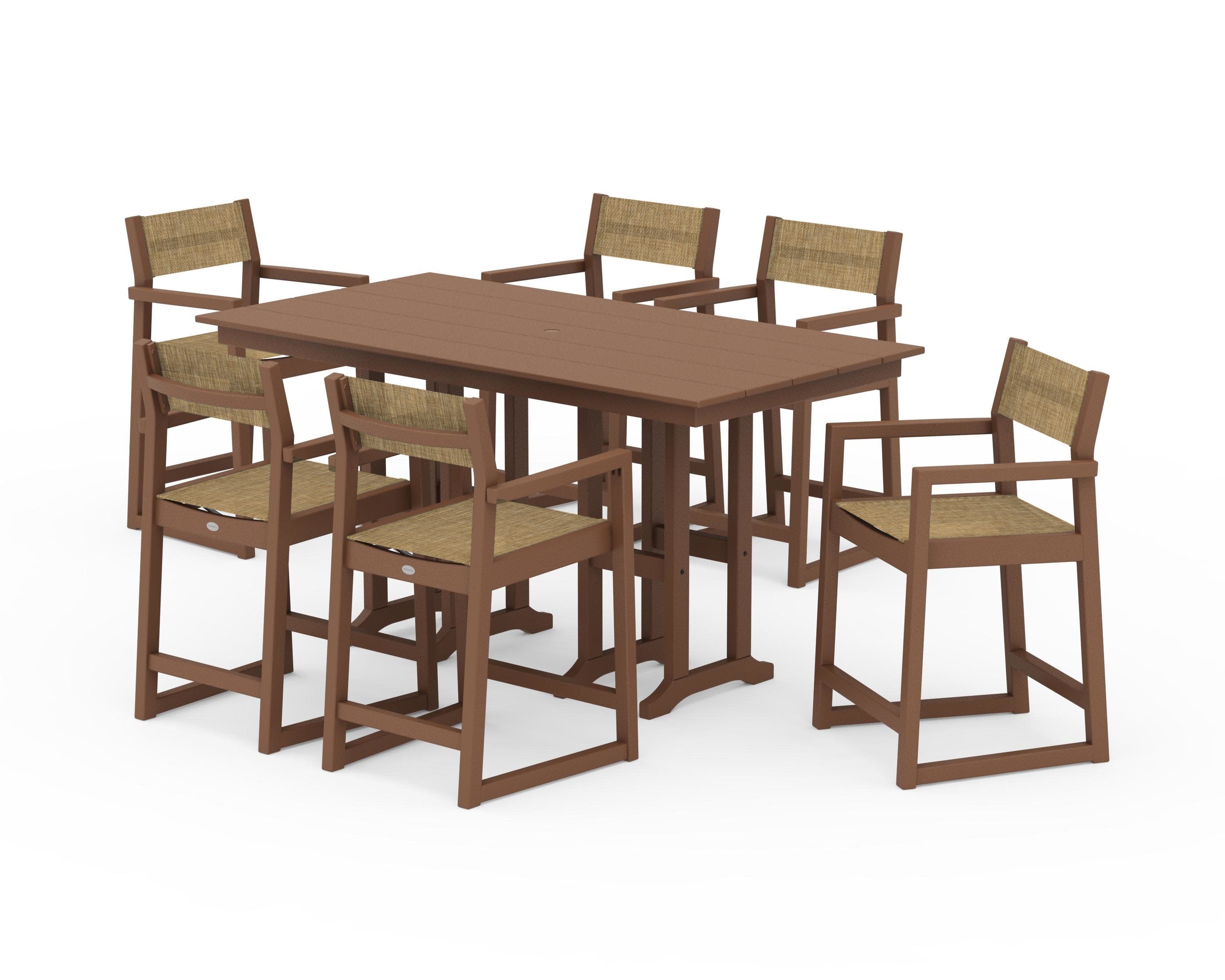 EDGE Sling Arm Chair 7-Piece Farmhouse Counter Set in Teak / Burlap Sling