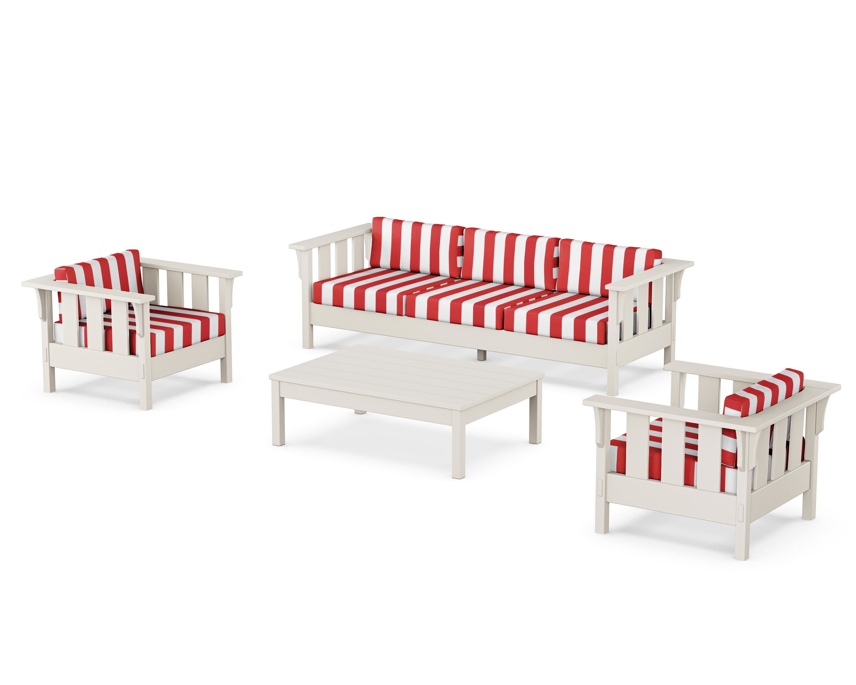 Acadia 4-Piece Deep Seating Set with Sofa in Sand / Cabana Stripe Crimson