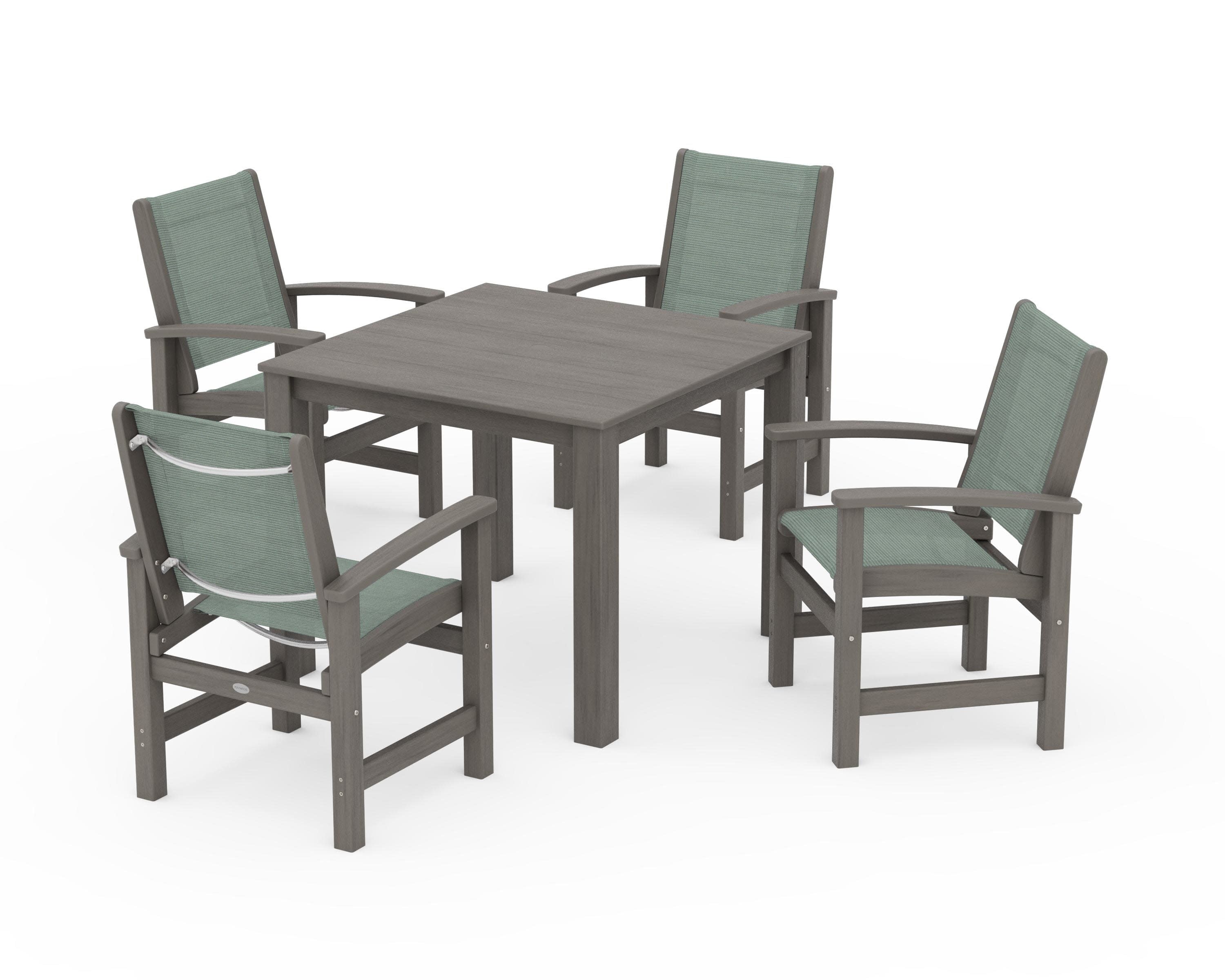 Coastal 5-Piece Parsons Dining Set in Driftwood / Dupioni Sea Mist Sling