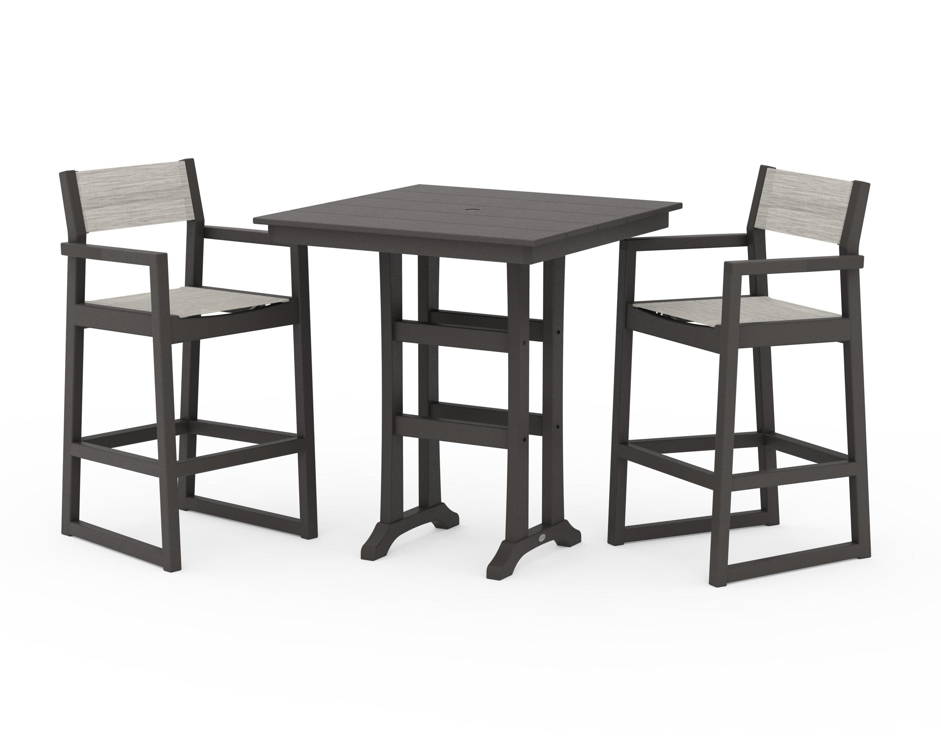 EDGE Sling Arm Chair 3-Piece Farmhouse Bar Set with Trestle Legs in Vintage Coffee / Birch Sling