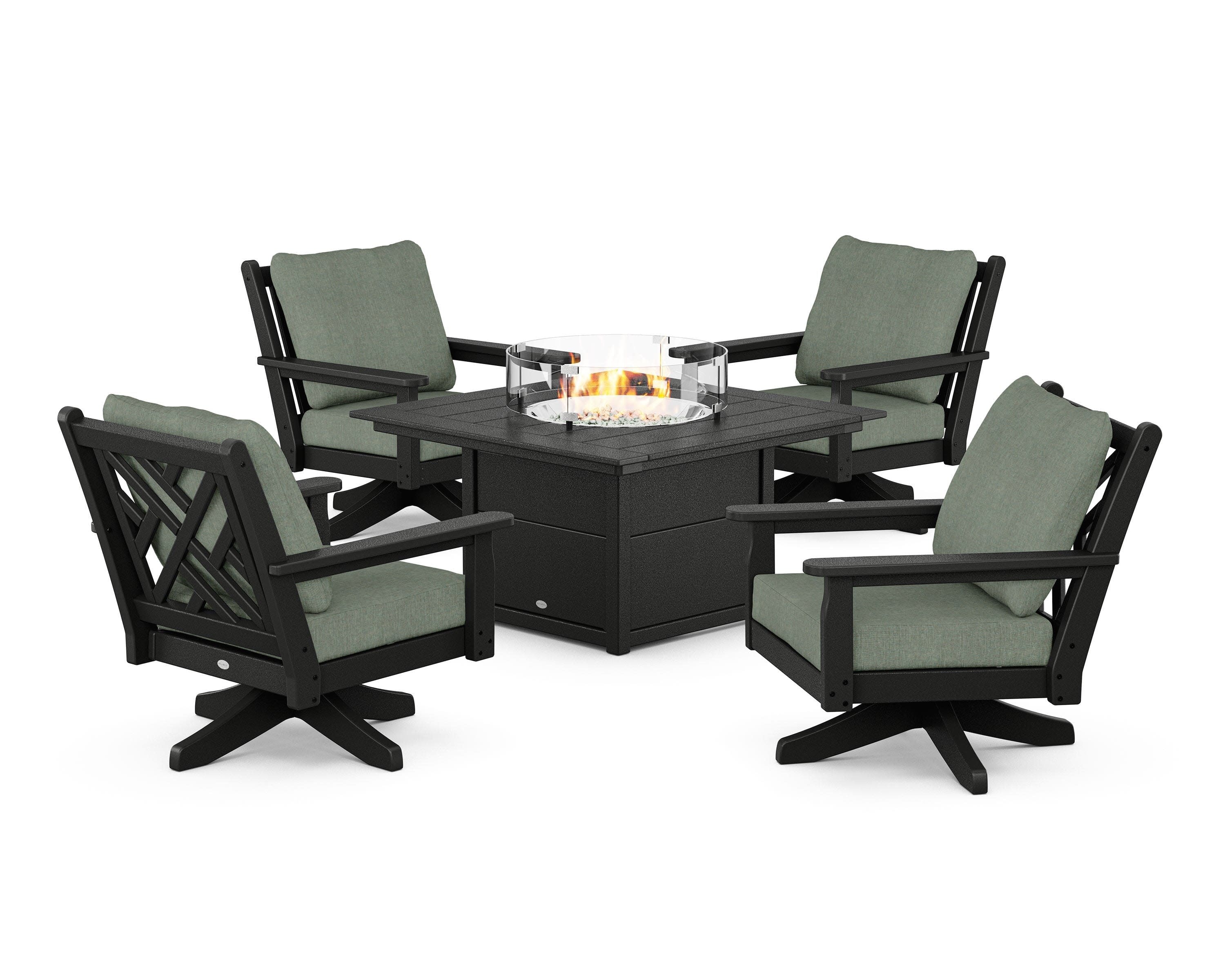 Chippendale 5-Piece Deep Seating Swivel Conversation Set with Fire Pit Table in Black / Cast Sage